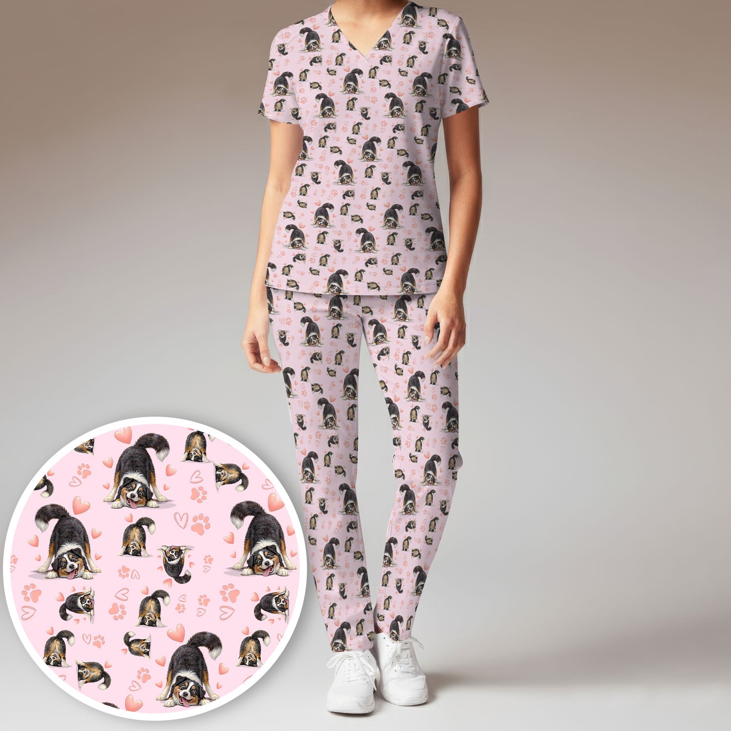 Playful Dog Heart Medical Print Scrub Set, Breathable Med Uniform