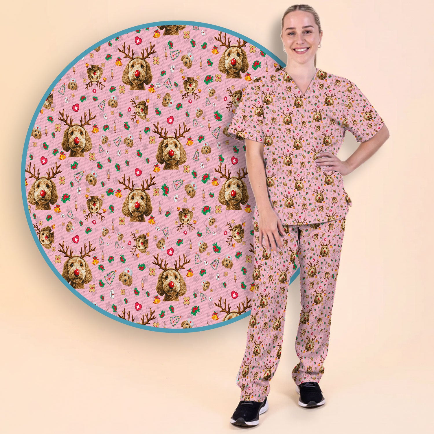 Christmas Labradoodle Scrub Set - Funny Reindeer Dog Nurse Pants and V Neck Top - Cute Holiday Medical Uniform