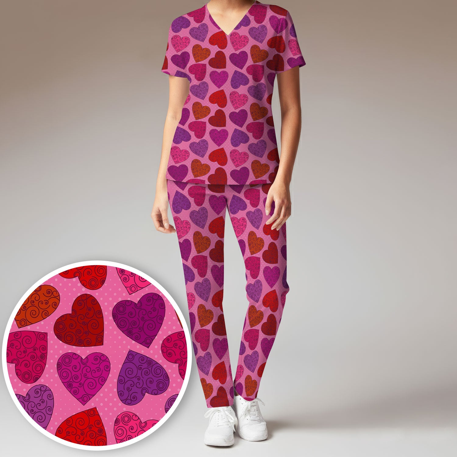 Women’s Pink Heart Scrub Set, Valentine Heart Pattern Nurse Shirt, Comfortable Scrubs For Nursing
