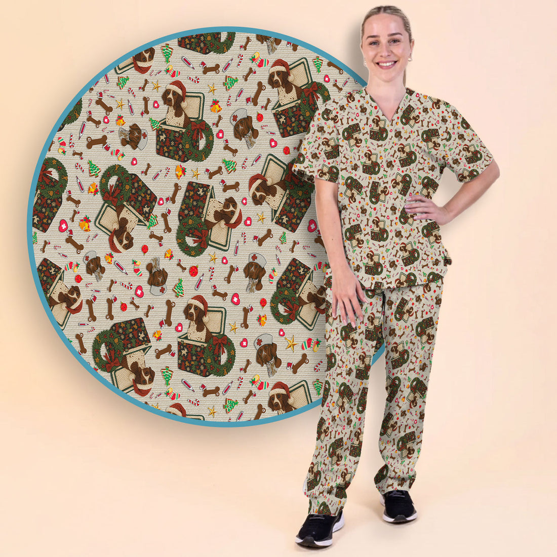 Funny Christmas Dog Scrub Set – Cute Pet Lover Holiday Pattern – Festive Medical Uniform for Nurses and Animal Care Workers