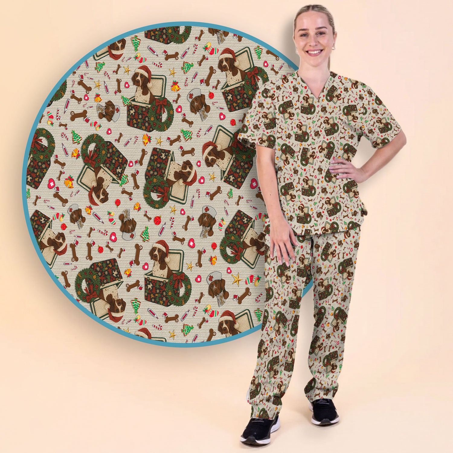 Funny Christmas Dog Scrub Set – Cute Pet Lover Holiday Pattern – Festive Medical Uniform for Nurses and Animal Care Workers