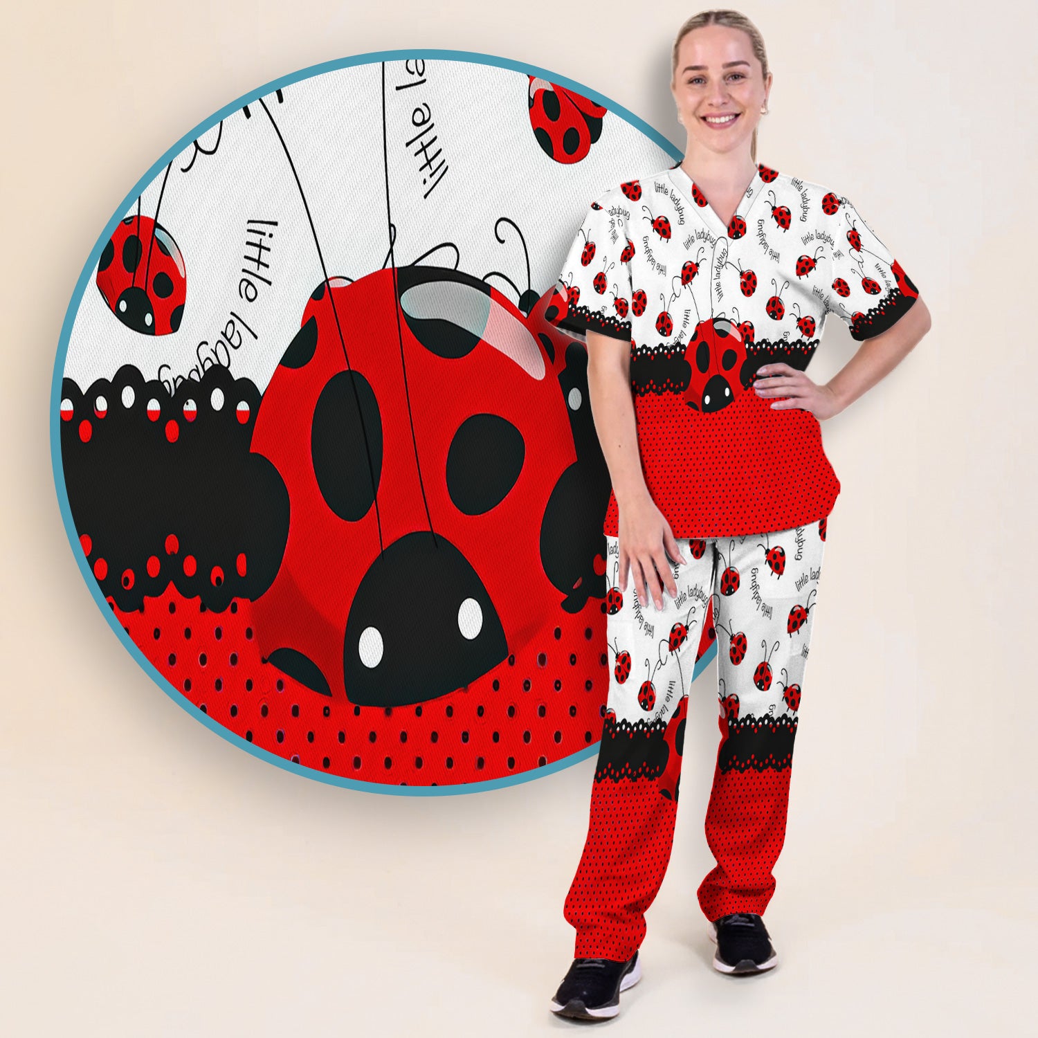 Cute Little Ladybug Polka Dot Pattern Scrub Set, Scrub Pants and V Neck Top