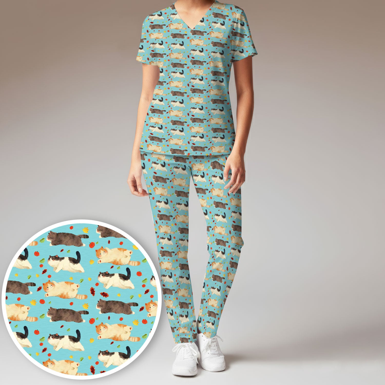 Chubby Cat Autumn Leaves Print Scrub Set, Breathable Med Uniform