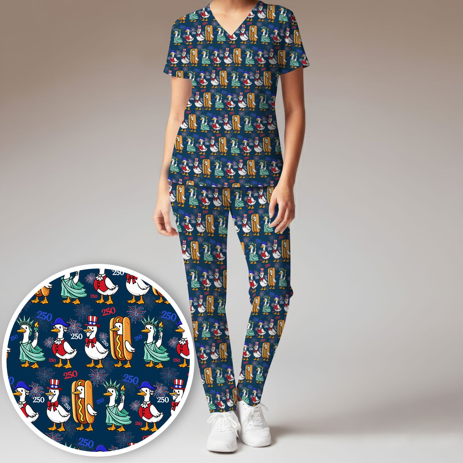 Patriotic Duck Independence Day Pattern Scrub Set, Scrub Pants and V Neck Top