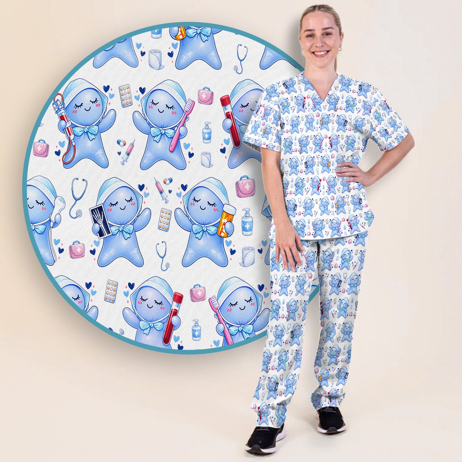 Cute Tooth Character Dental Tools Caring Pattern Scrub Set, Breathable Med Uniform