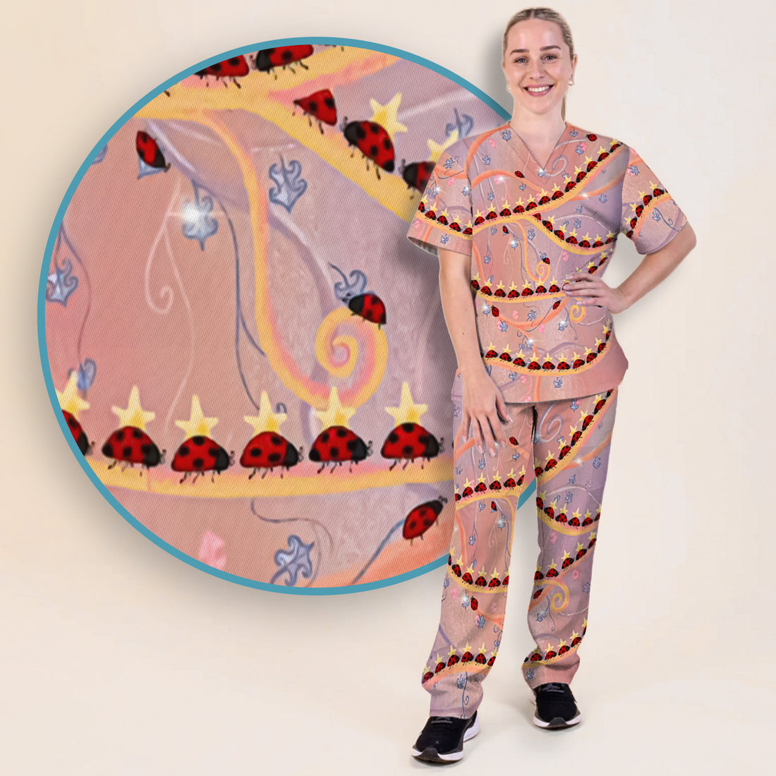 Cute Ladybug Star Vine Swirl Pattern Scrub Set, Scrub Pants and V Neck Top
