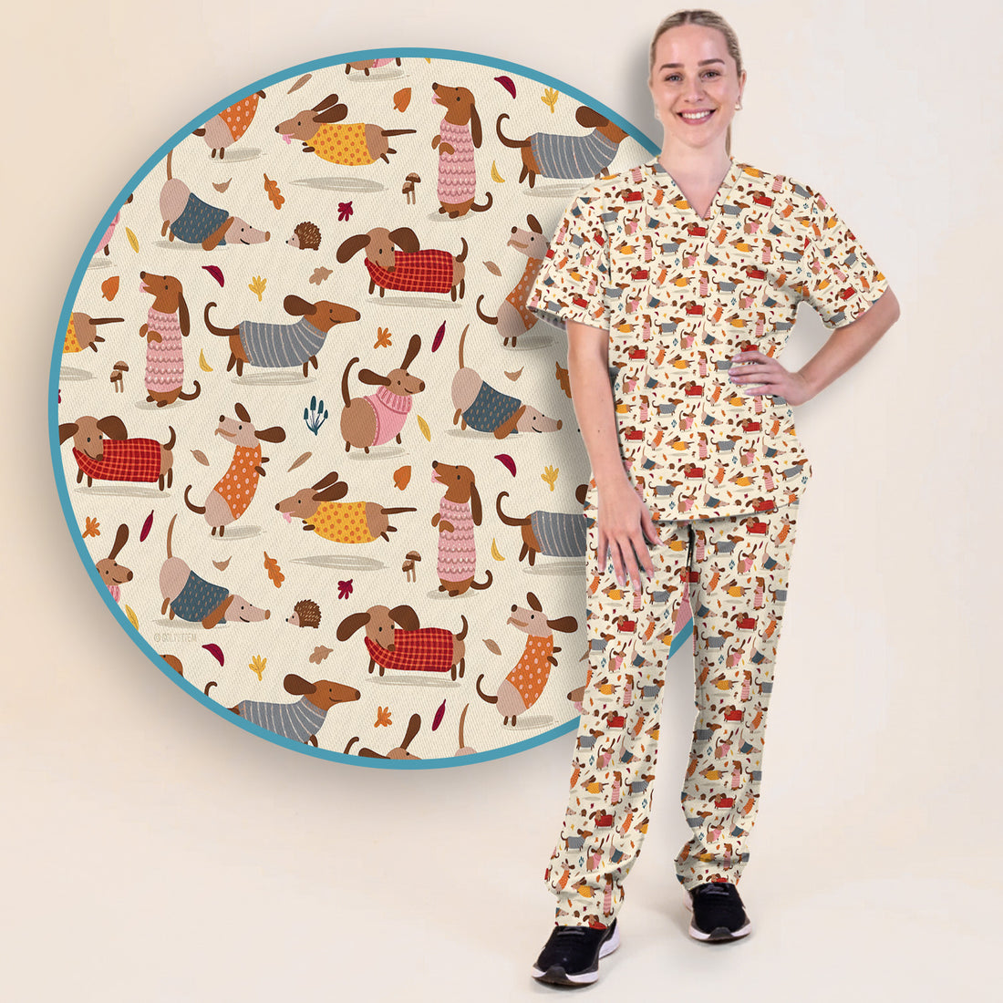 Cute Autumn Dachshund Print Scrub Set, Scrub Pants and V Neck Top