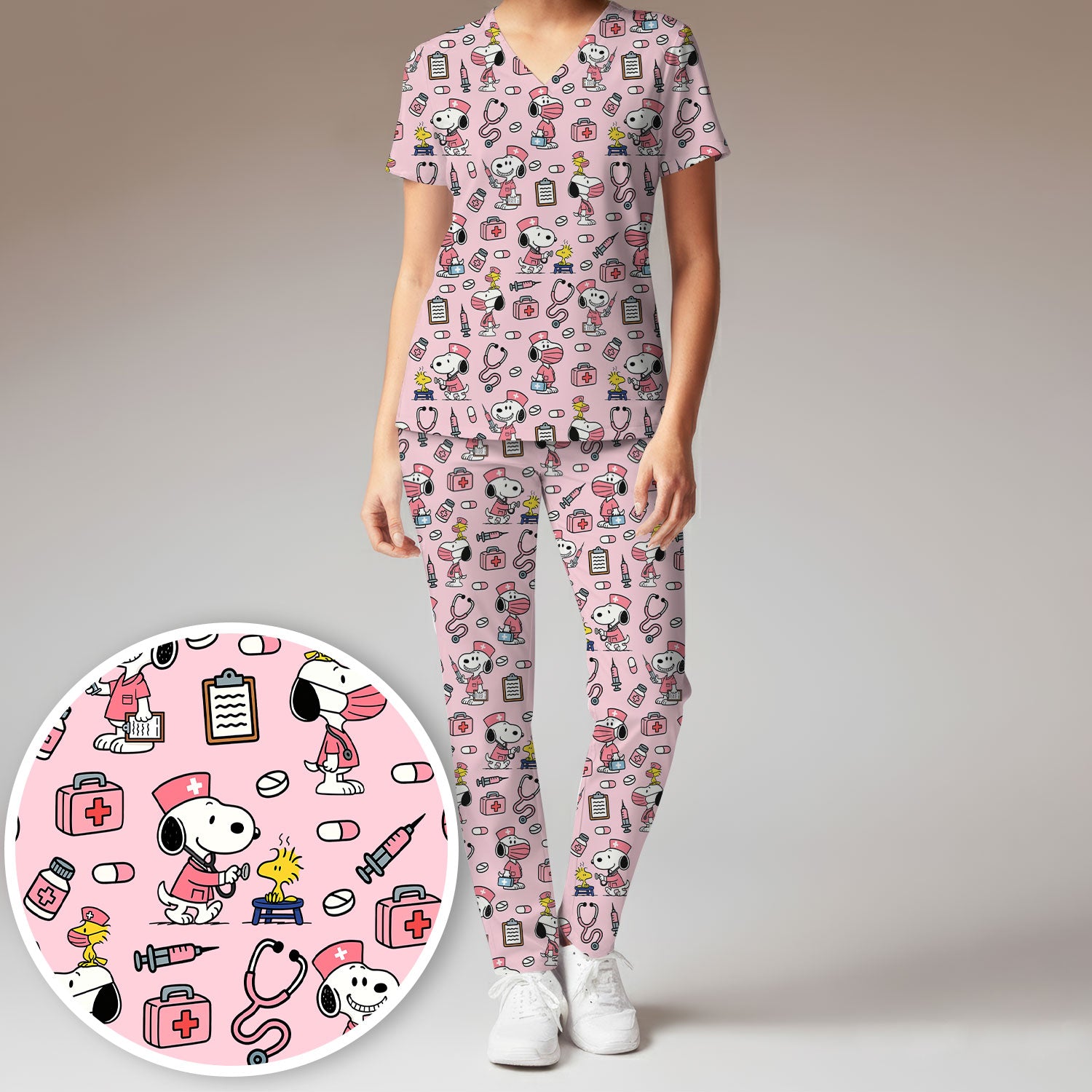Pink Snoopy Nurse Scrub Set - Cute Cartoon Dog Pattern Top and Pants - Fun Nursing Gift for RN LPN CNA Women