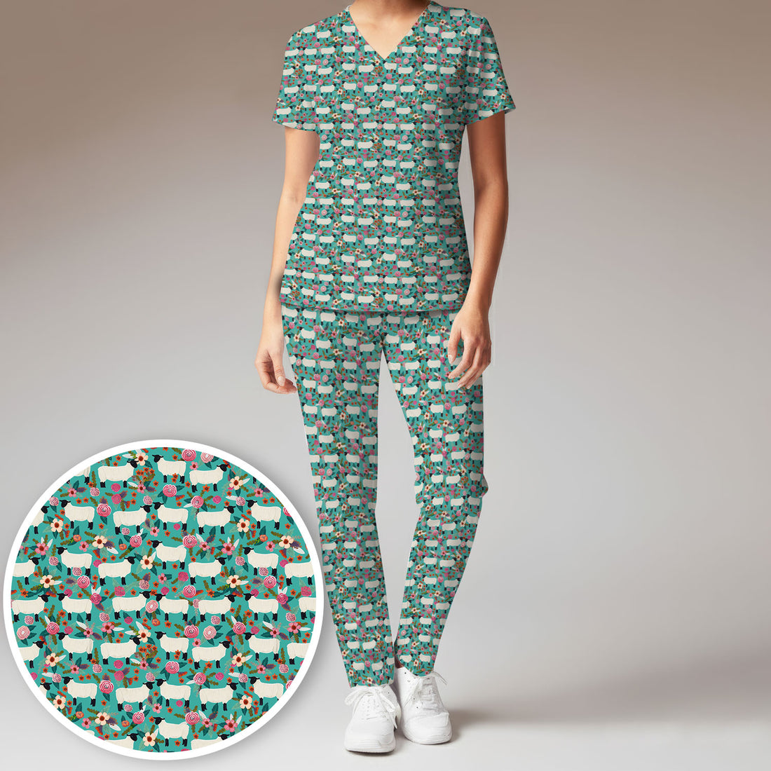 Cute Sheep Floral Meadow Pattern Scrub Set, Nurse Uniform Scrubs Set