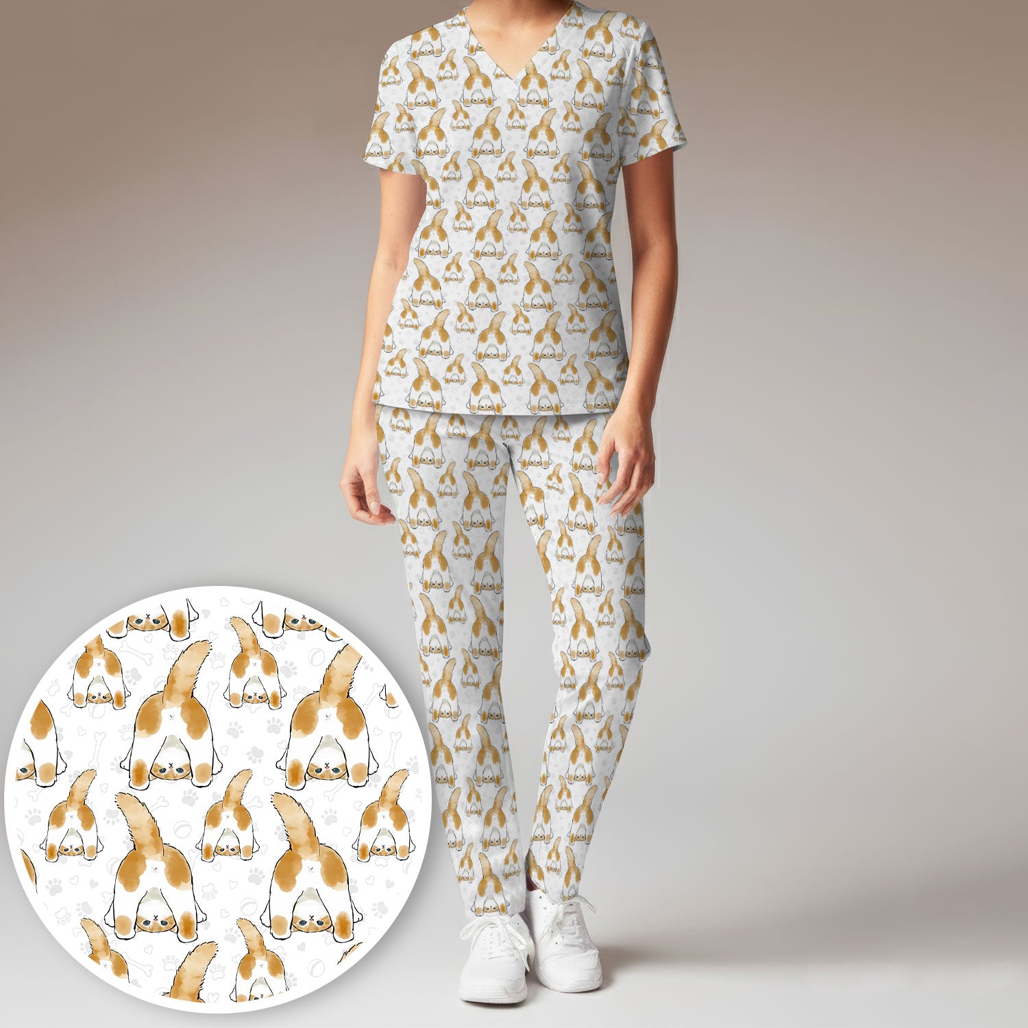 Cute Cat Butt Nurse Scrub Set, Cat Pattern Medical Shirt For Pet Lover, Breathable Fabrics Nursing Uniform