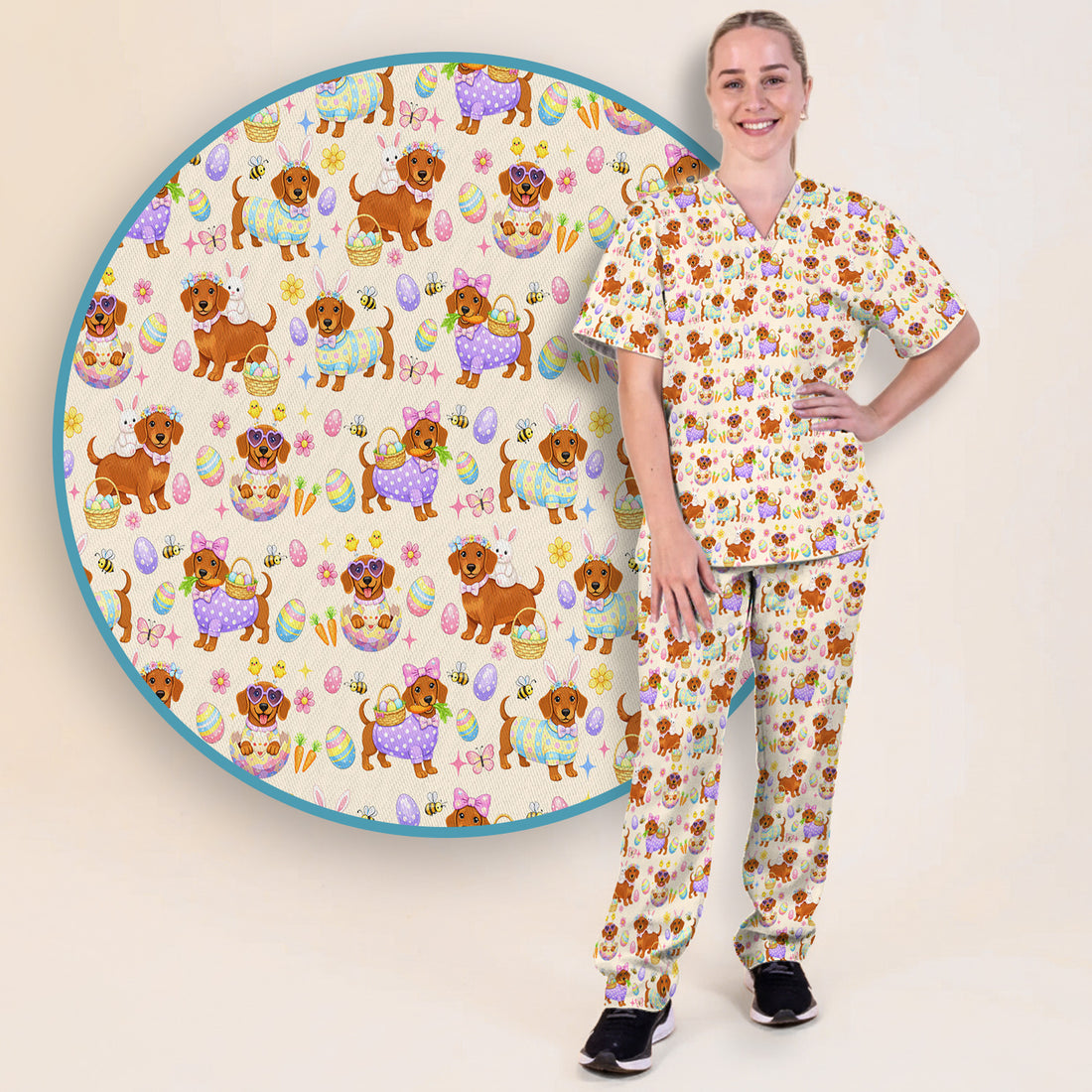 Cute Easter Dachshund Dog Pattern Scrub Set, Scrub Pants and V Neck Top