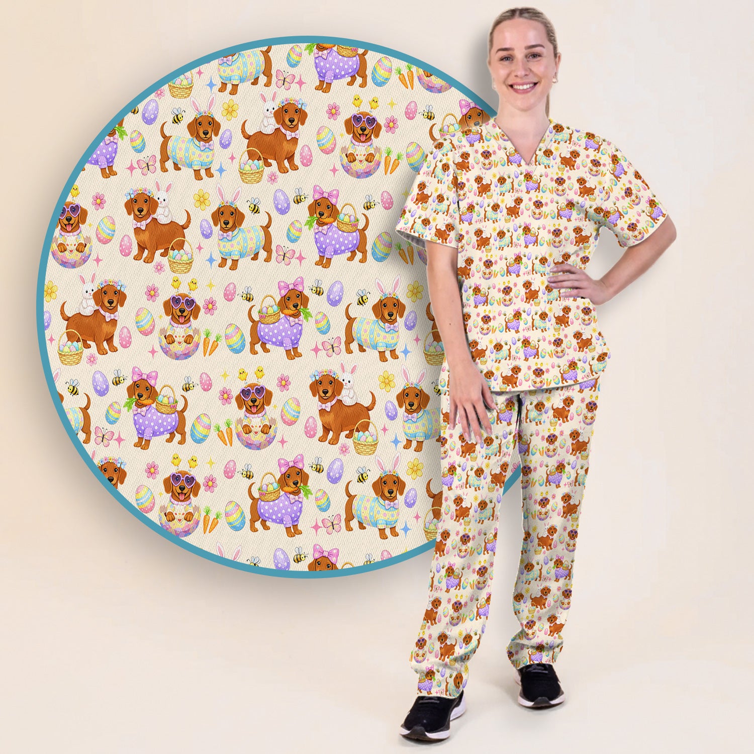 Cute Easter Dachshund Dog Pattern Scrub Set, Scrub Pants and V Neck Top
