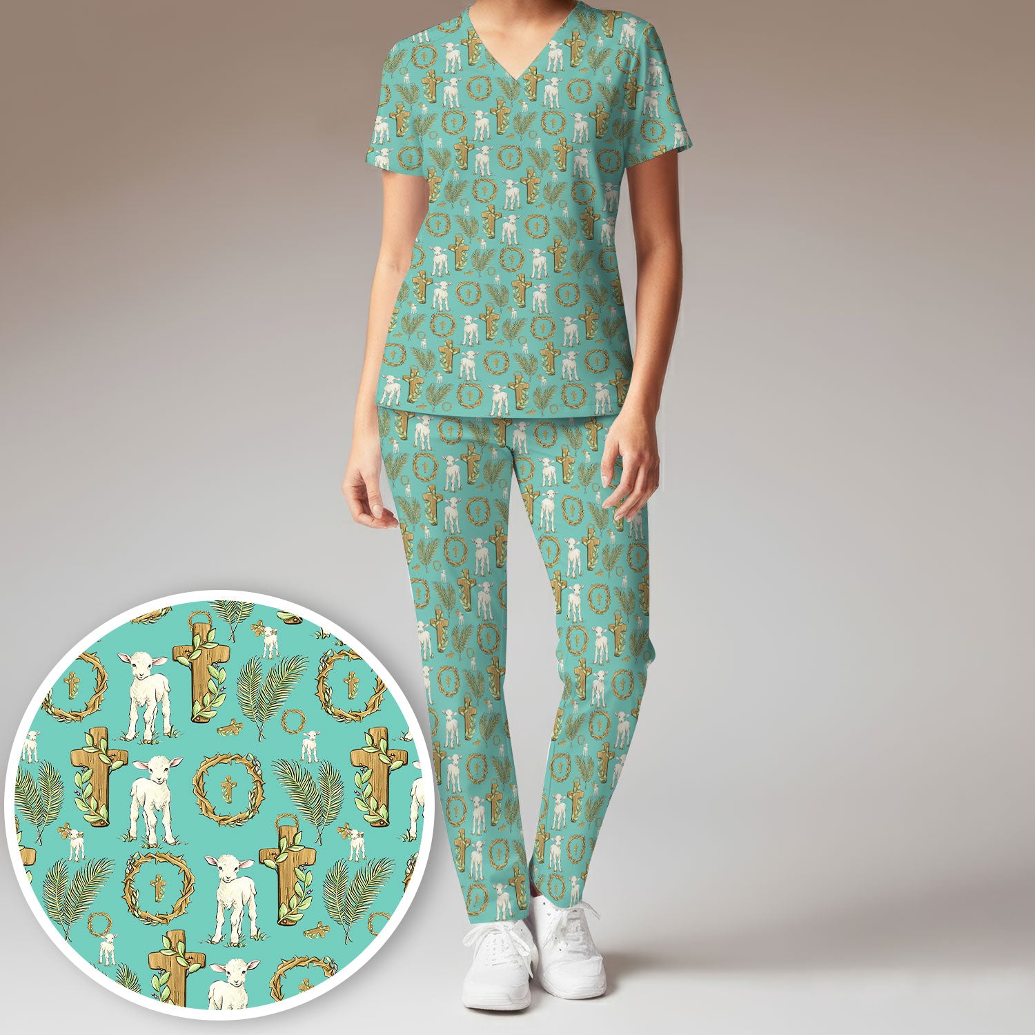 Faith Lamb Cross Pattern Women's Scrub Set, Scrub Pants and V Neck Top