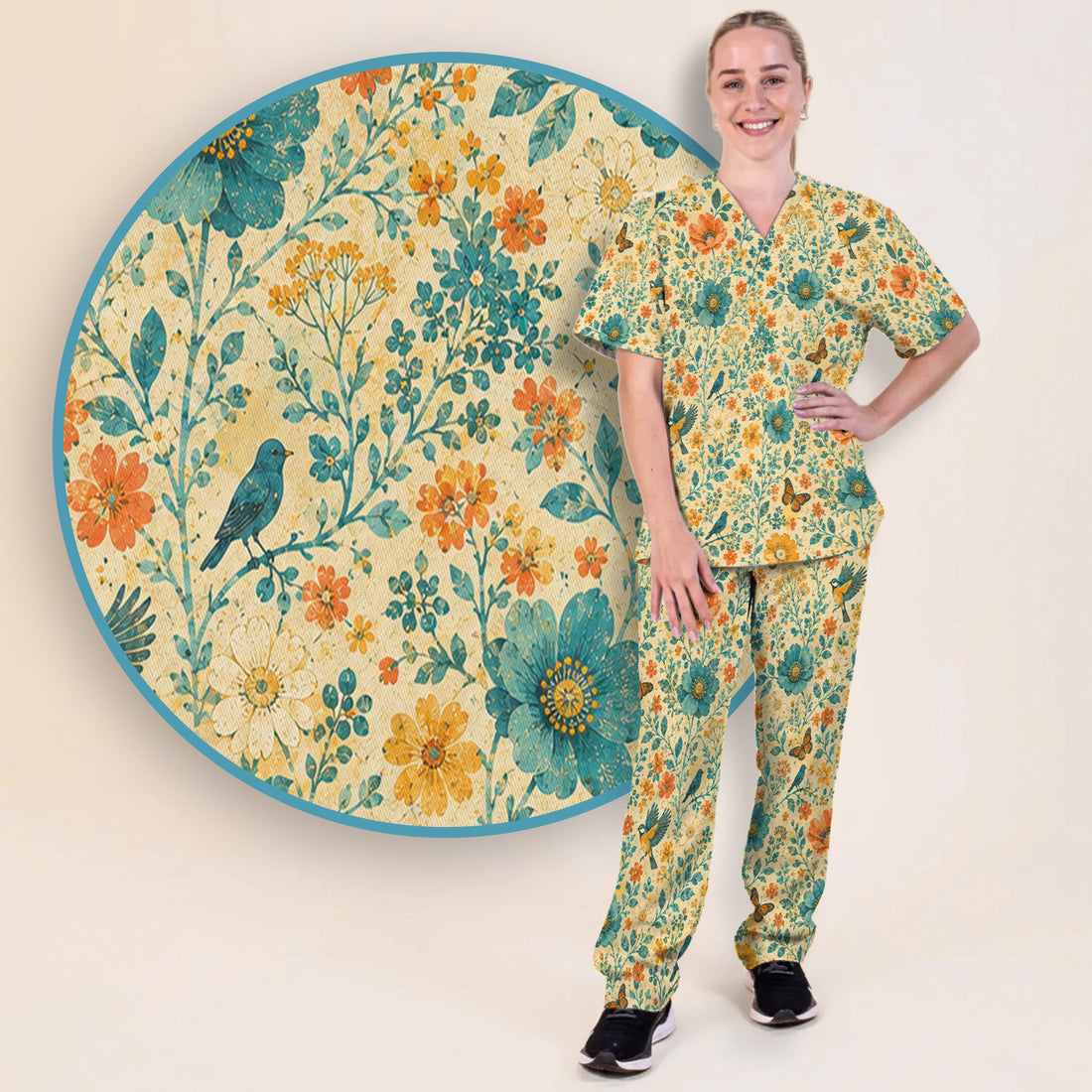Vintage Floral Bird Butterfly Pattern Scrub Set, Scrub Pants and V Neck Top