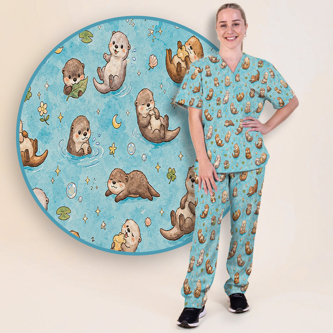 Cute Otter Pond Nurse Print Scrub Set, Scrub Pants and V Neck Top