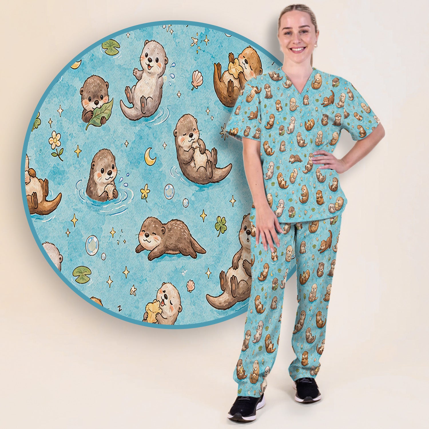 Cute Otter Pond Nurse Print Scrub Set, Scrub Pants and V Neck Top
