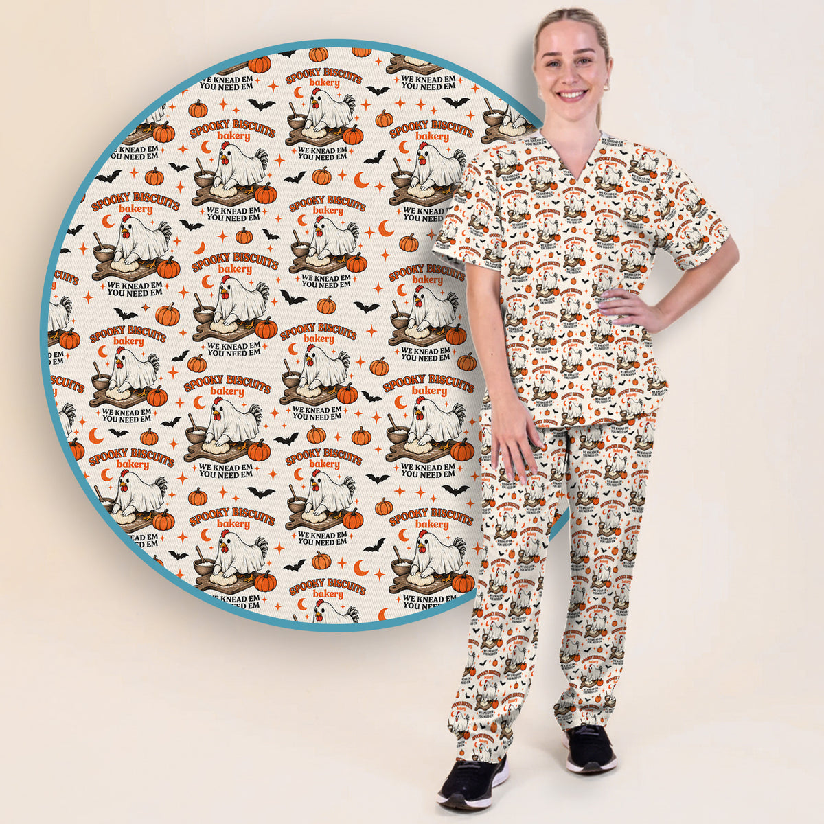 Halloween Spooky Biscuits Chicken Pattern Scrub Set, Scrub Pants and V Neck Top