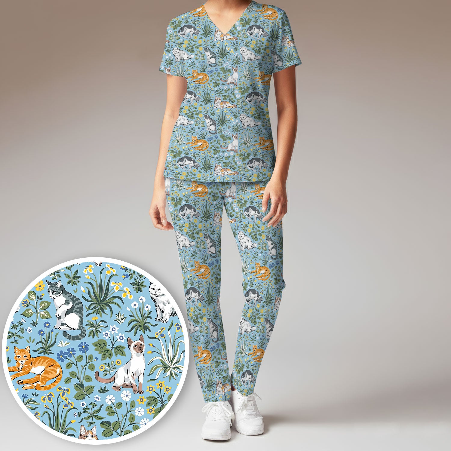 Floral Cat Garden Medical Pattern Scrub Set, Women's Scrub Sets