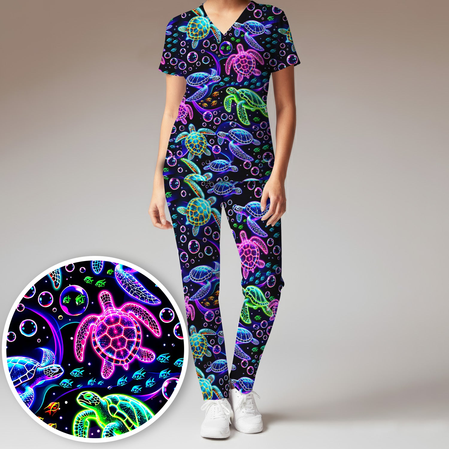Neon Sea Turtle Swimming Bubble Ocean Scrub Set, Scrub Pants and V Neck Top