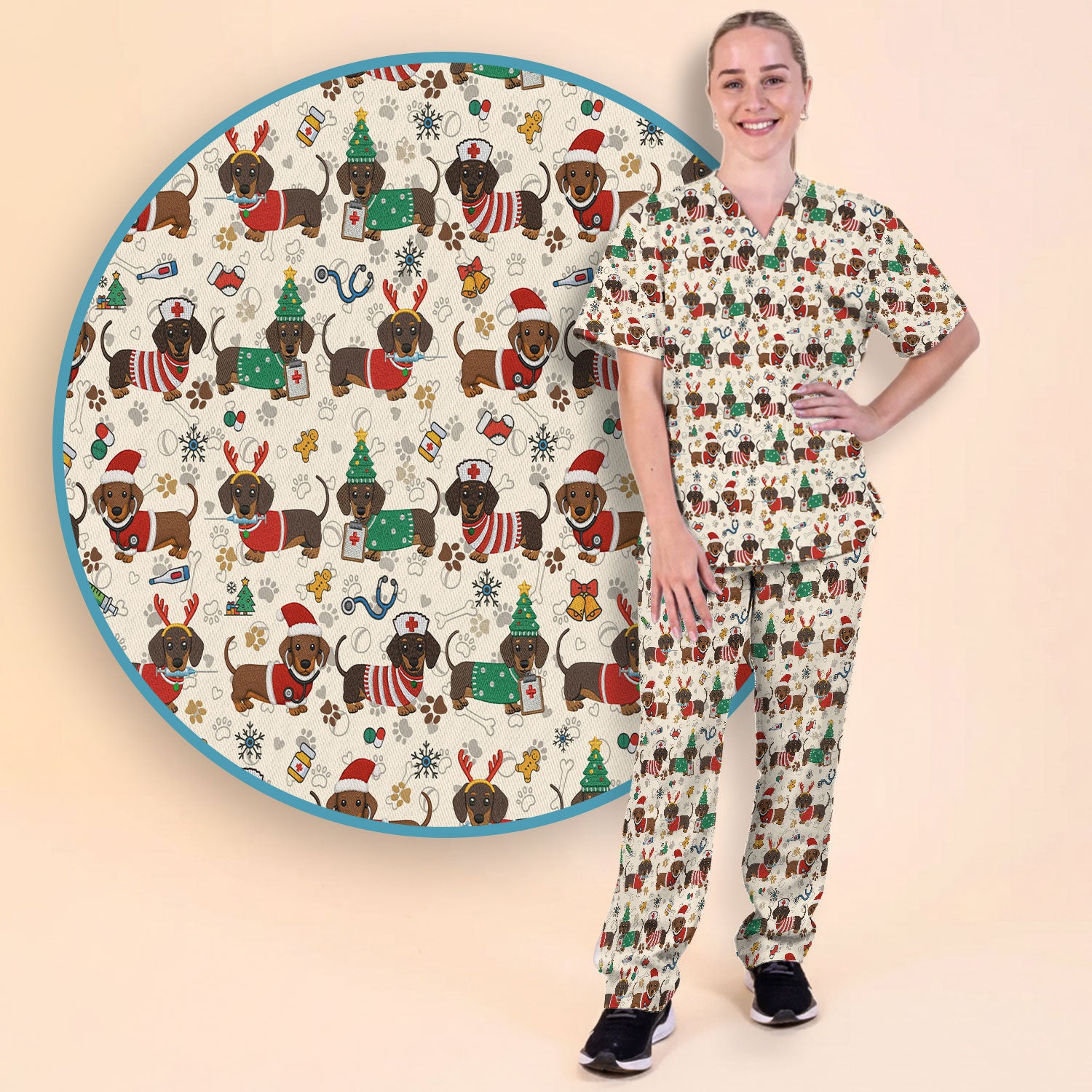 Christmas Dachshund Scrub Set for Nurses - Cute Wiener Dog Scrubs Pants and V Neck Top - Cute Puppy Med Uniform Gift for Women