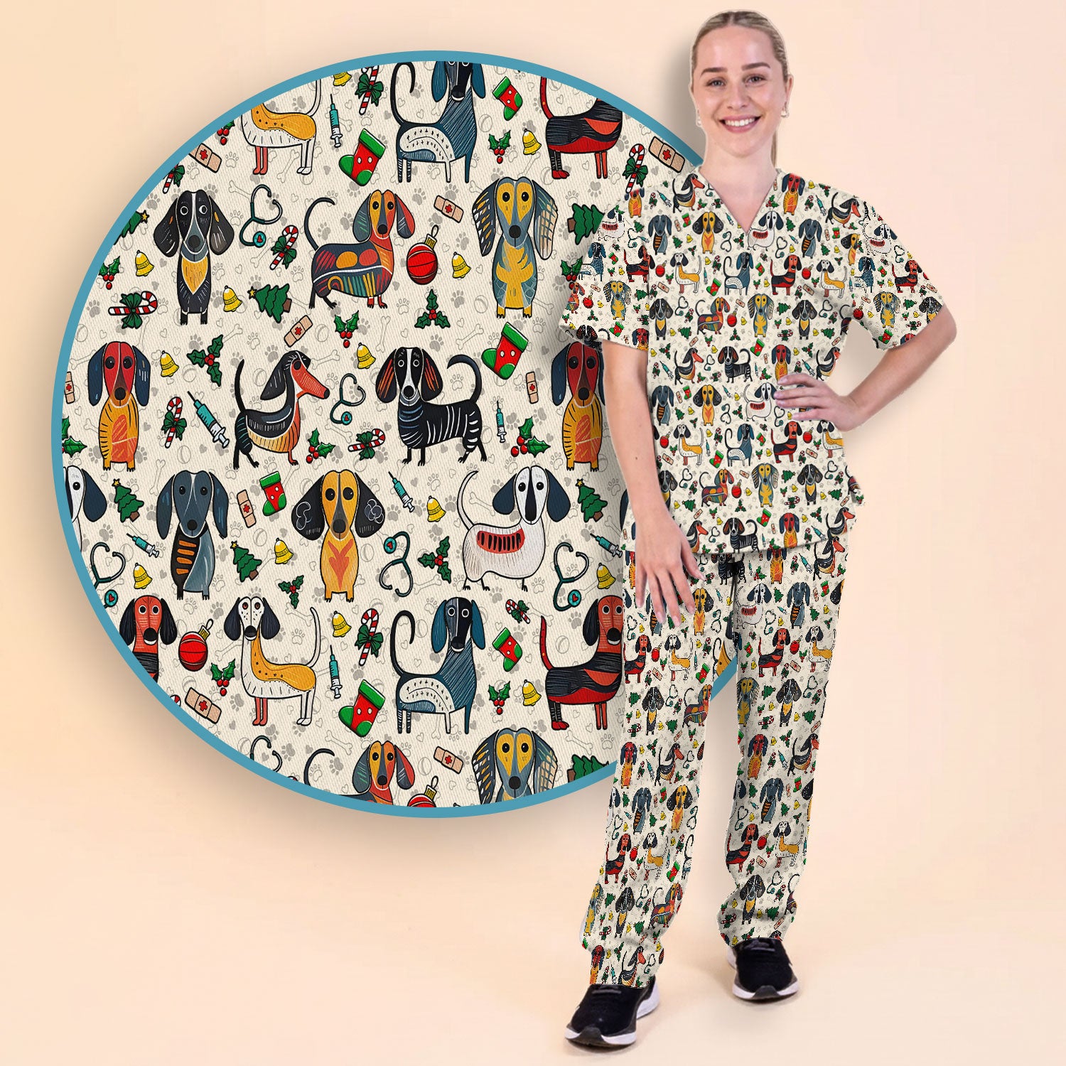 Christmas Wiener Dog Scrub Set - Funny Sausage Dog Pants and V Neck Top - Holiday Medical Uniform