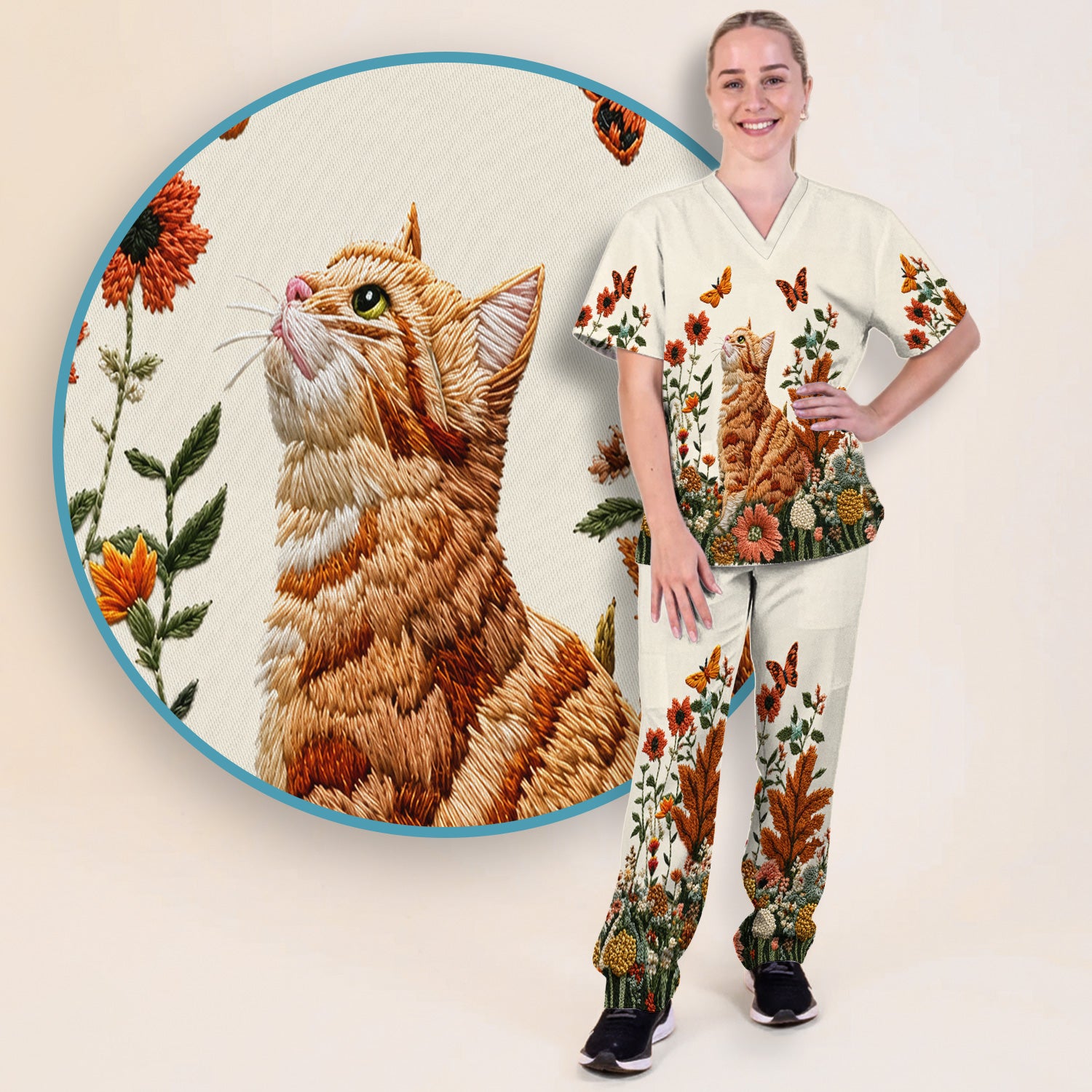 Embroidered Orange Cat Wildflower Pattern Scrub Set, Scrub Pants and V Neck Top