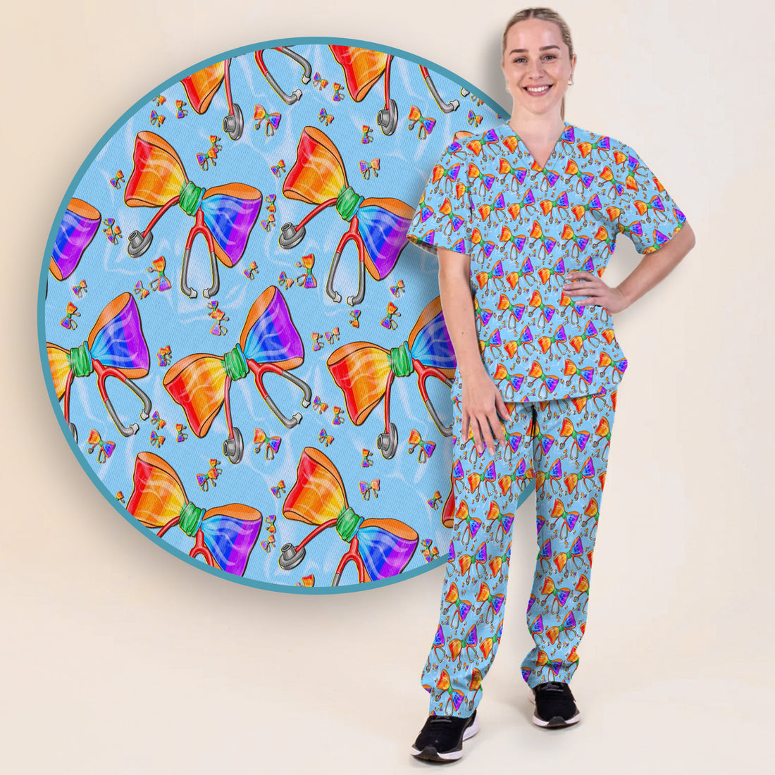 Colorful Rainbow Bow Stethoscope Pattern Scrub Top, Breathable Fabrics Nursing Uniform