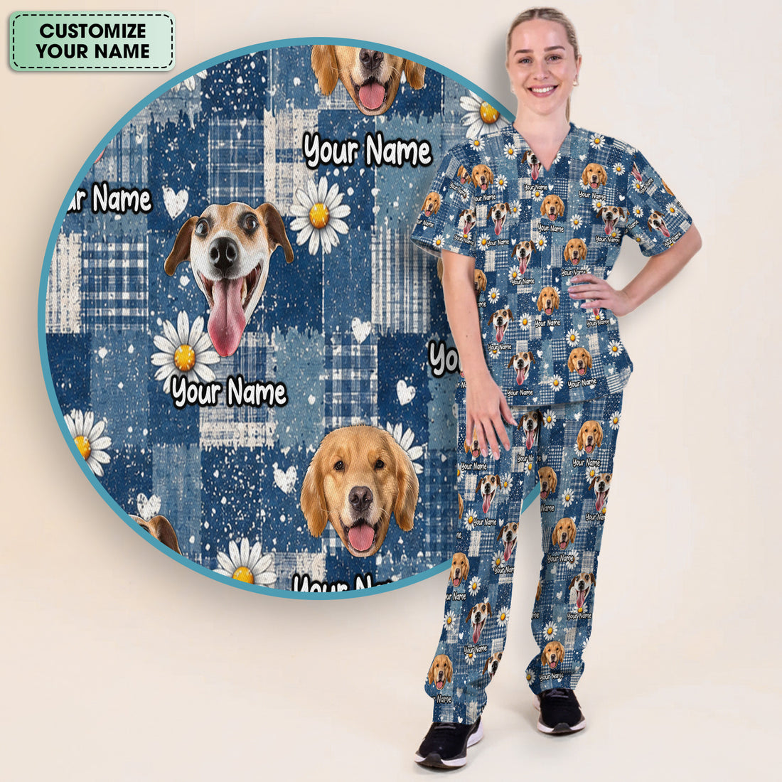 Personalized Cute Dog Portrait On Blue Patchwork Daisy Pattern Scrub Set, Scrub Pants and V Neck Top