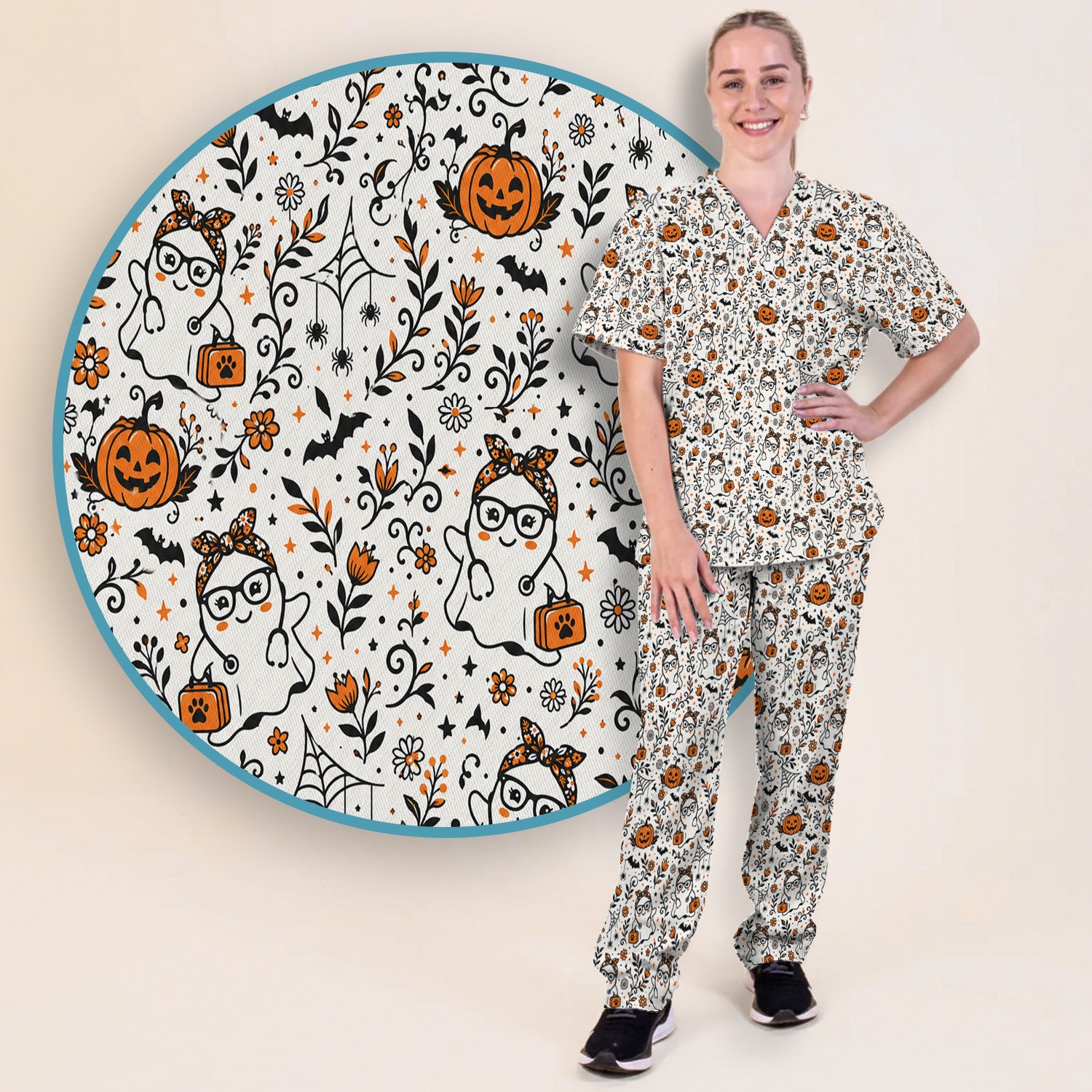 Cute Halloween Nurse Ghost And Pumpkins Scrub Set, Scrub Pants and V Neck Top