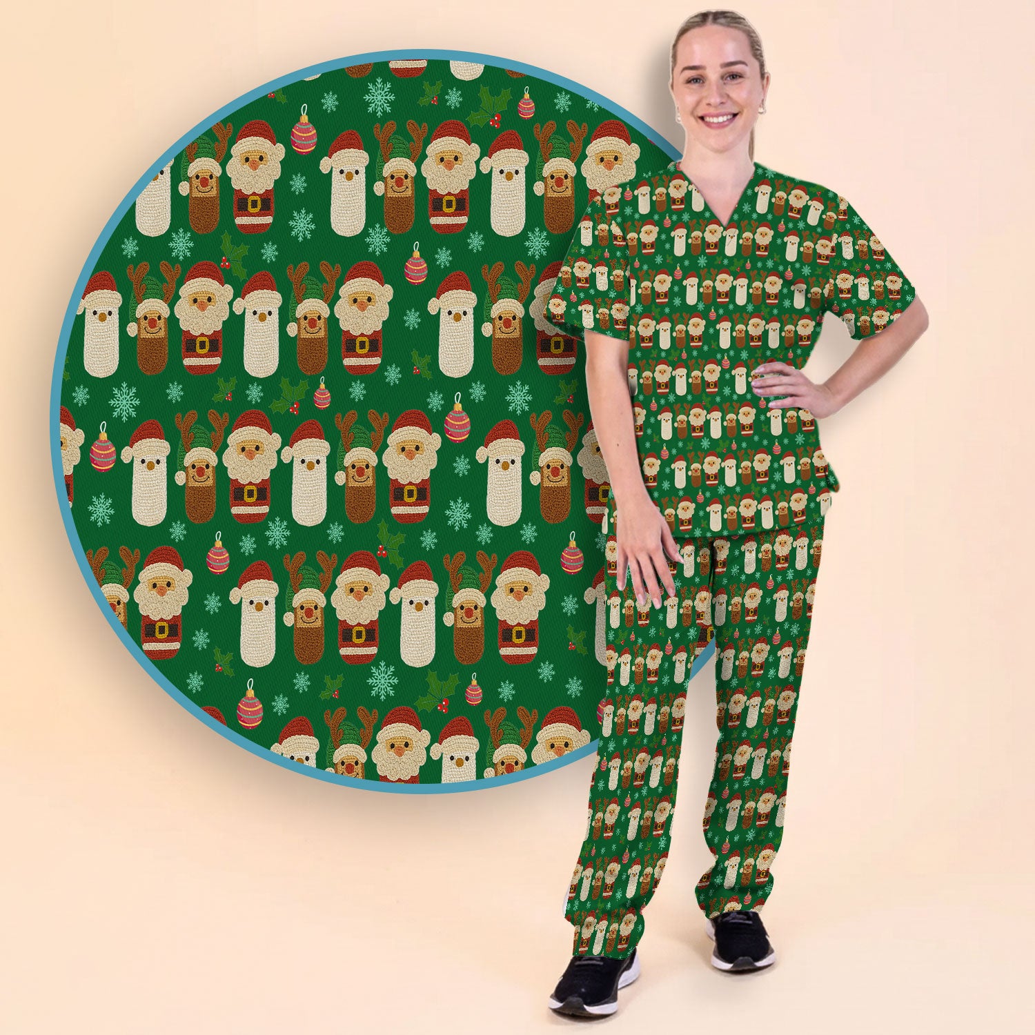 Christmas Santa Reindeer Snowman Scrub Set - Holiday Chill Pill Scrubs Pants and V Neck Top - Funny Medical Uniform for Women
