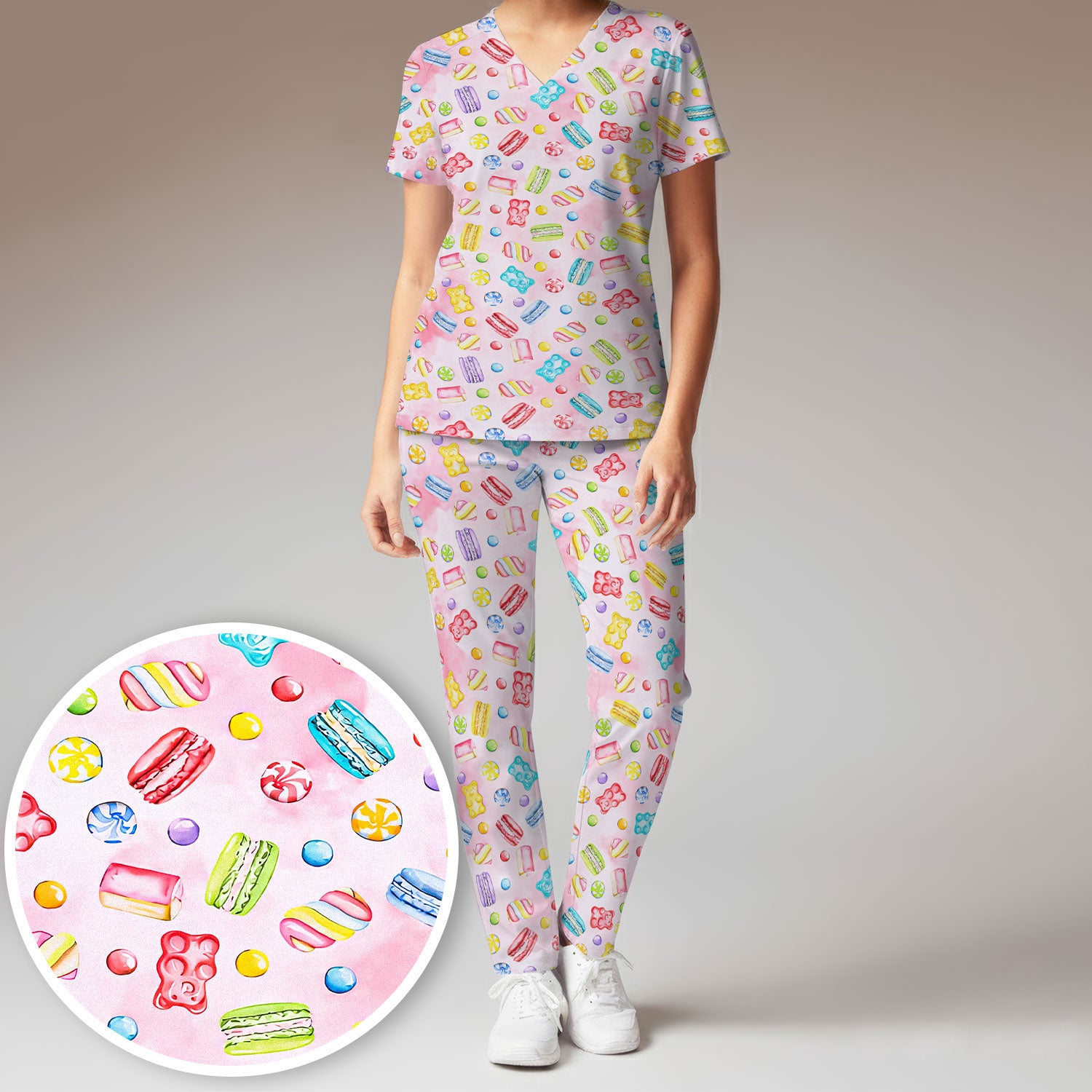 Cute Candy and Macaron Pattern Medical Scrub Set, Scrub Pants and V Neck Top