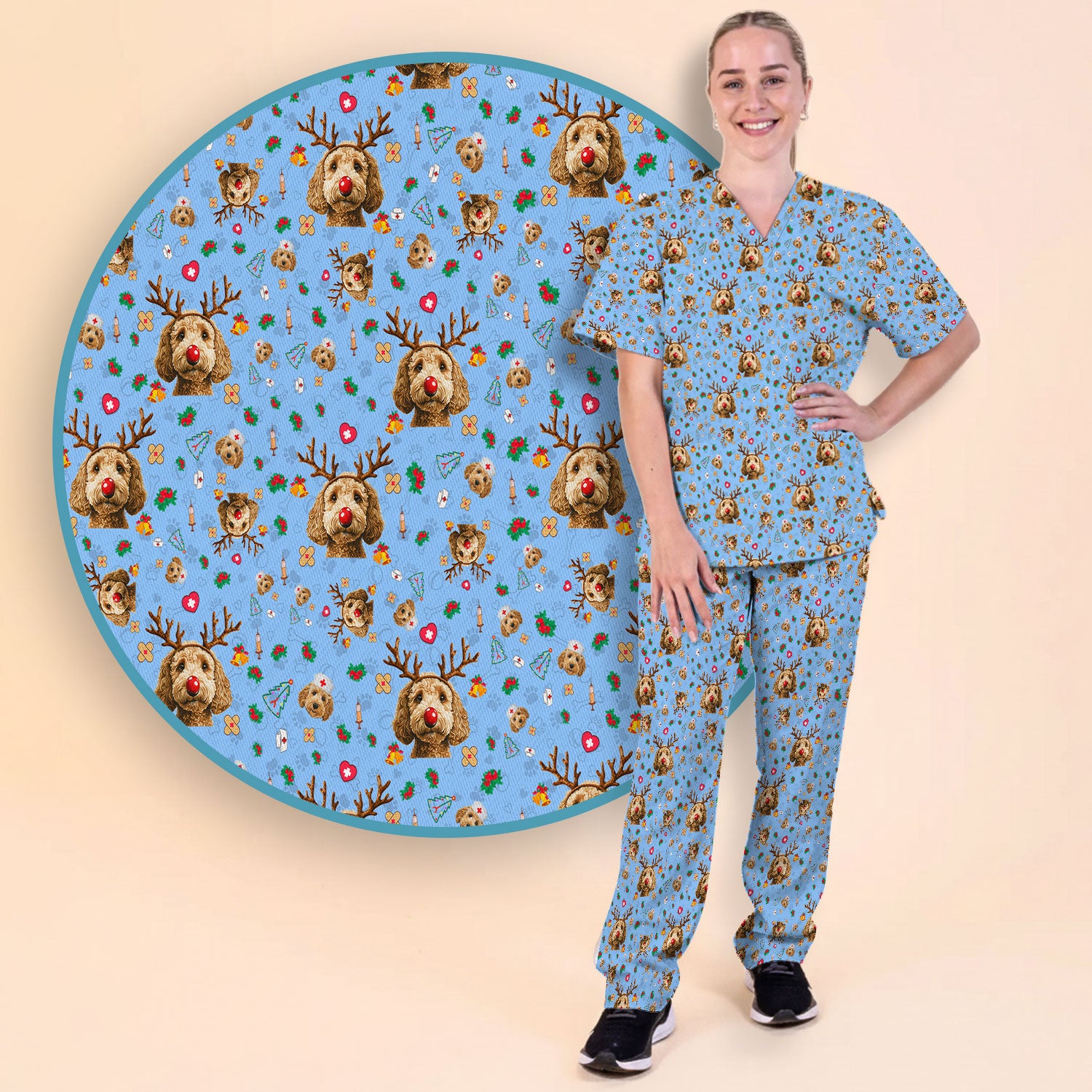 Christmas Labradoodle Scrub Set - Funny Reindeer Dog Nurse Pants and V Neck Top - Cute Holiday Medical Uniform