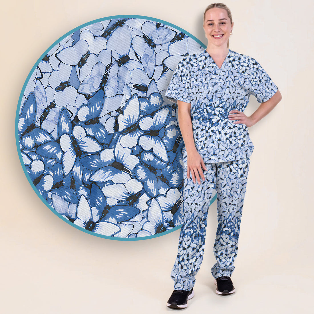 Blue Butterfly Floral Pattern Scrub Set, Scrub Pants and V Neck Top