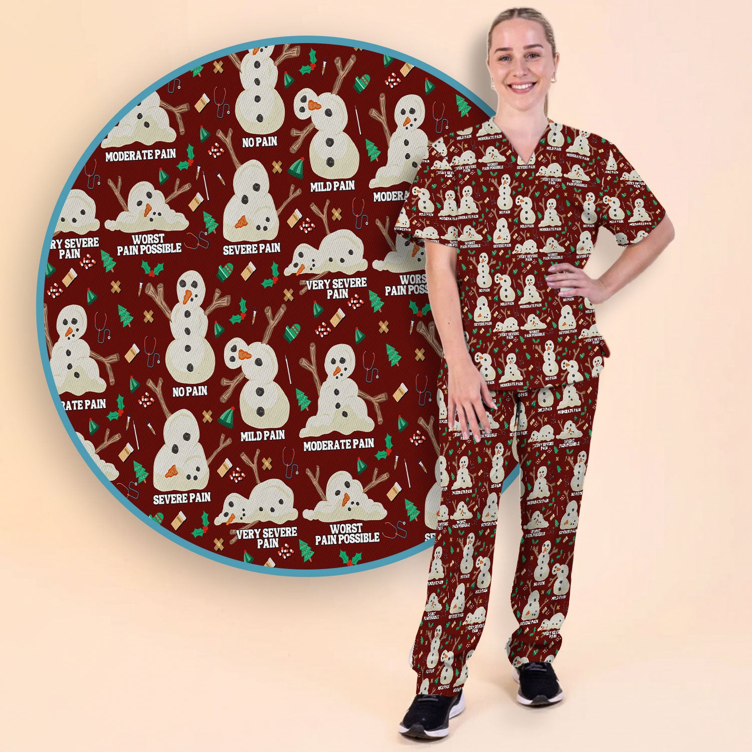 Funny Snowman Pain Scale Scrub Set for Nurse - Christmas Medical Pants and V Neck Top for Women RN LPN CNA