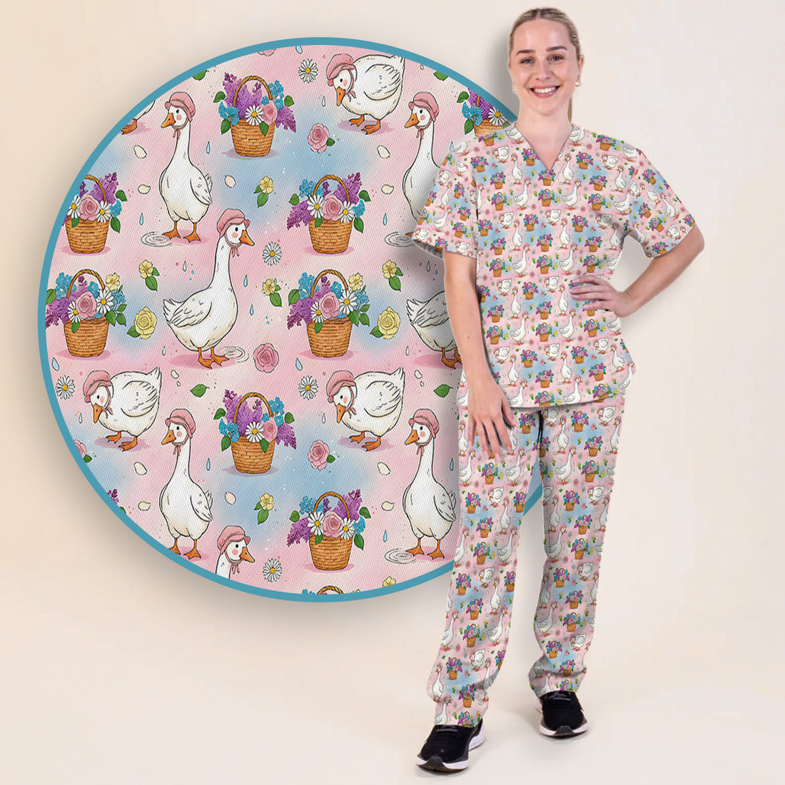 Cute Spring Goose Flower Basket Pattern Scrub Set, Scrub Pants and V Neck Top