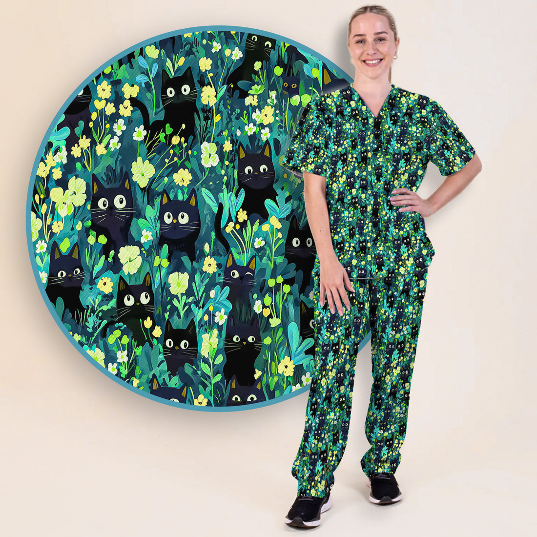 Black Cat Floral Pattern Scrub Set, Scrub Pants and V Neck Top