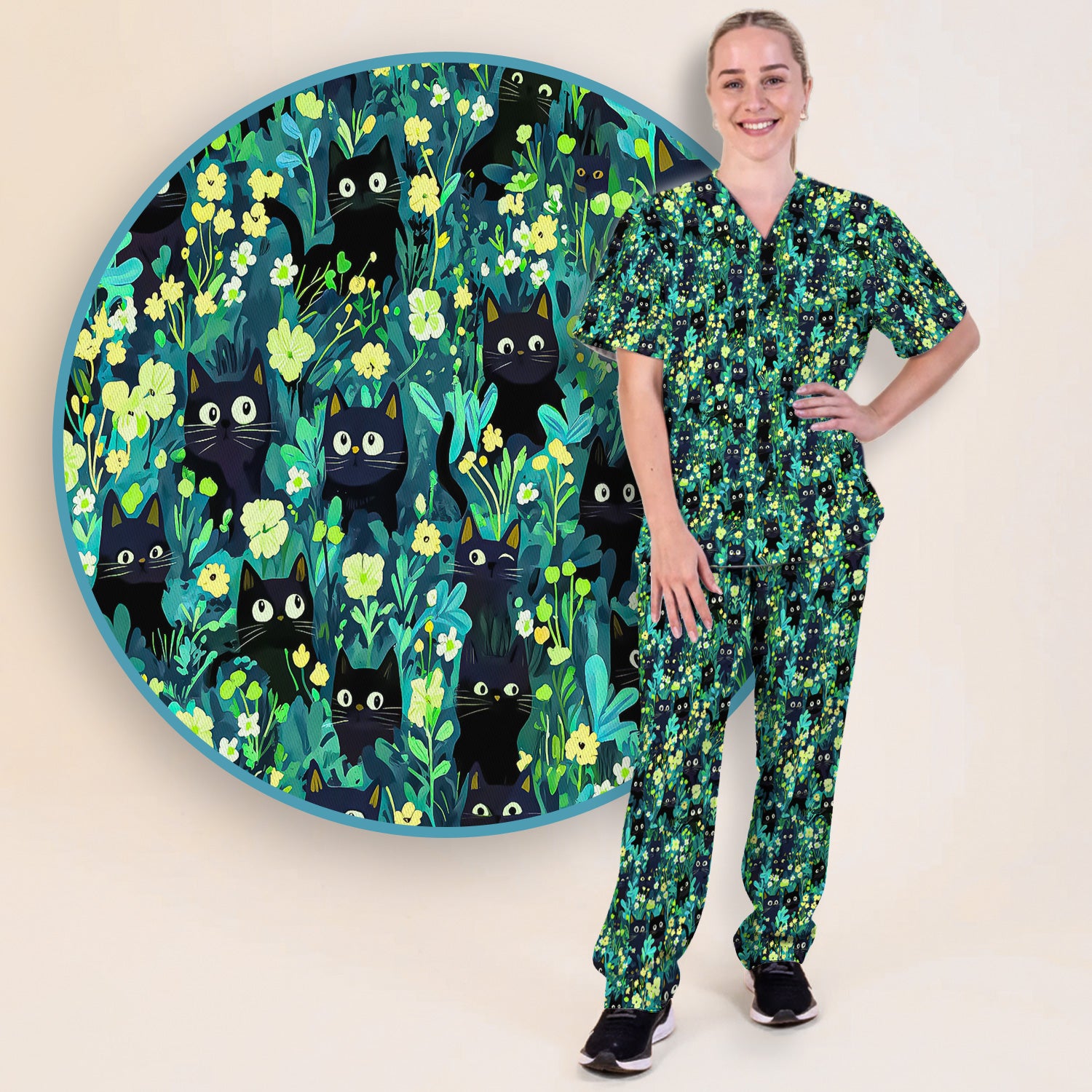 Black Cat Floral Pattern Scrub Set, Scrub Pants and V Neck Top