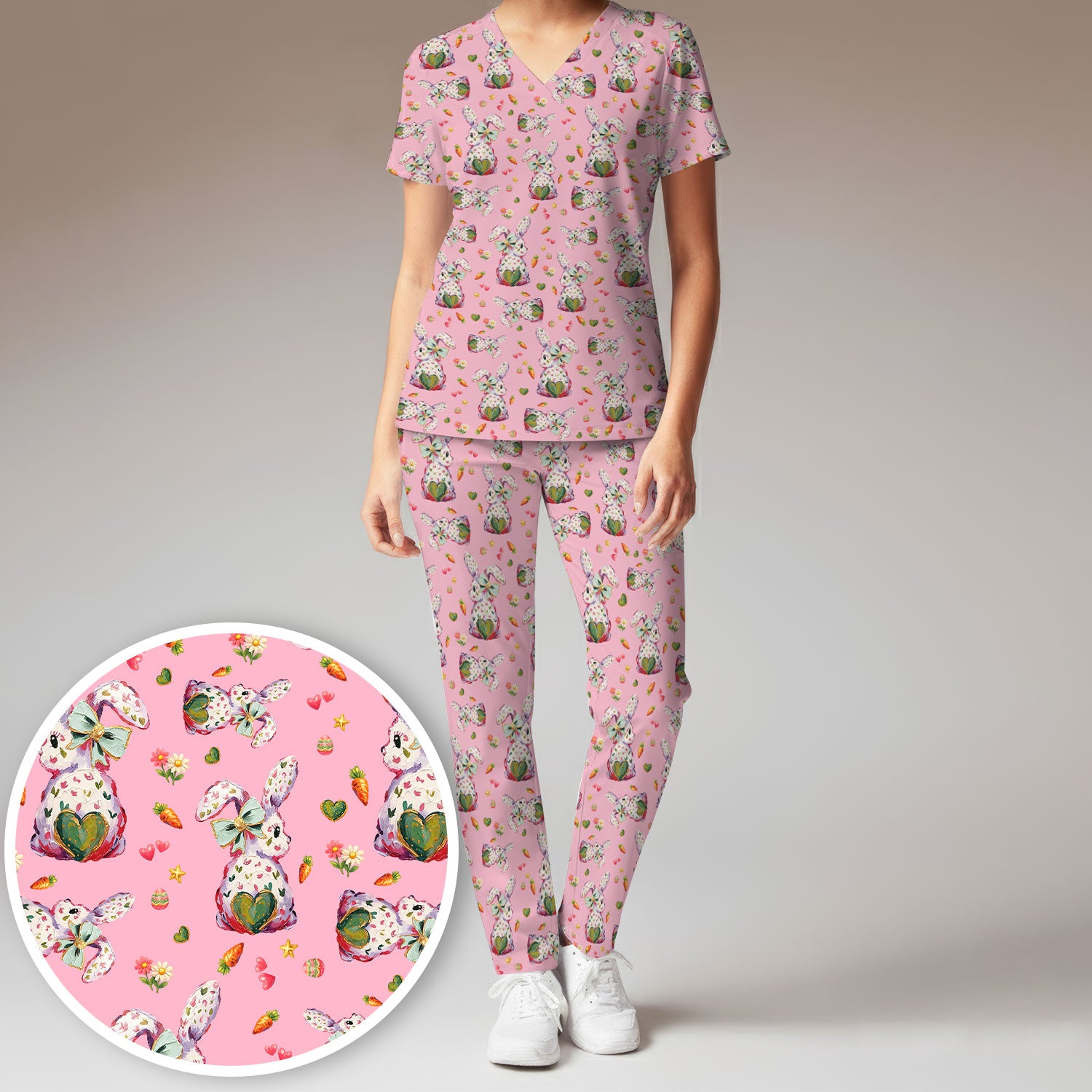 Cute Pastel Bunny Easter Pattern Scrub Set, Scrub Pants and V Neck Top