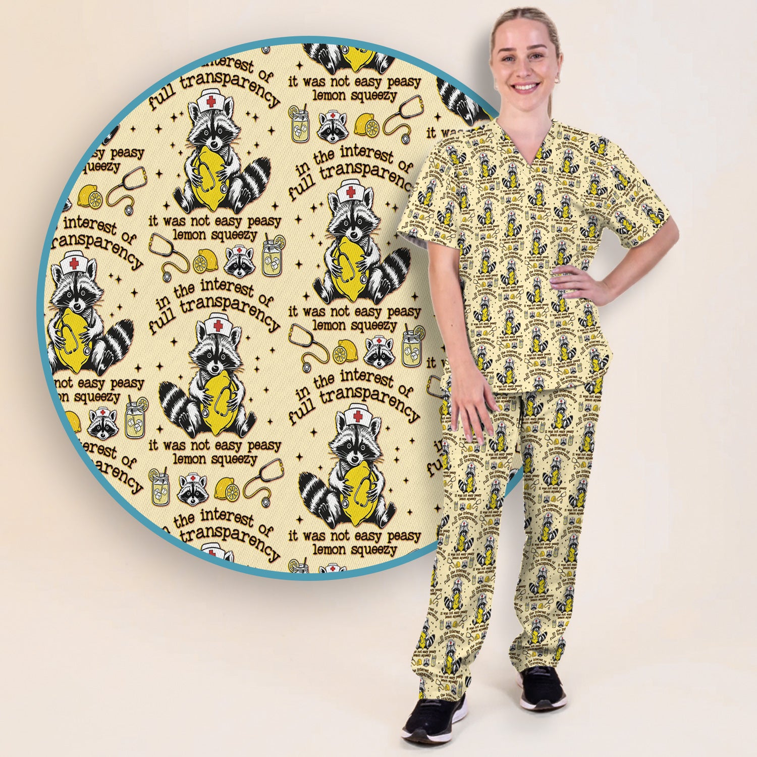 Raccoon Lemon Quote Medical Humor Pattern Scrub Set, Breathable Med Uniform