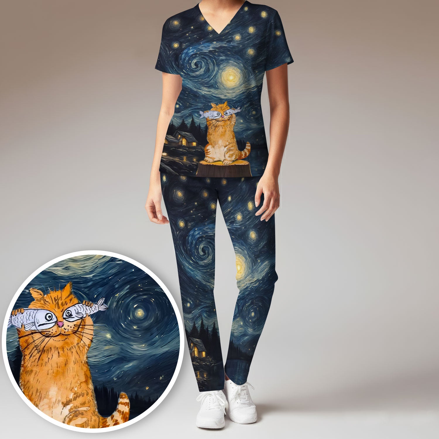 Cat Under Starry Night Sky Art Print Scrub Sets, Breathable Med Uniform