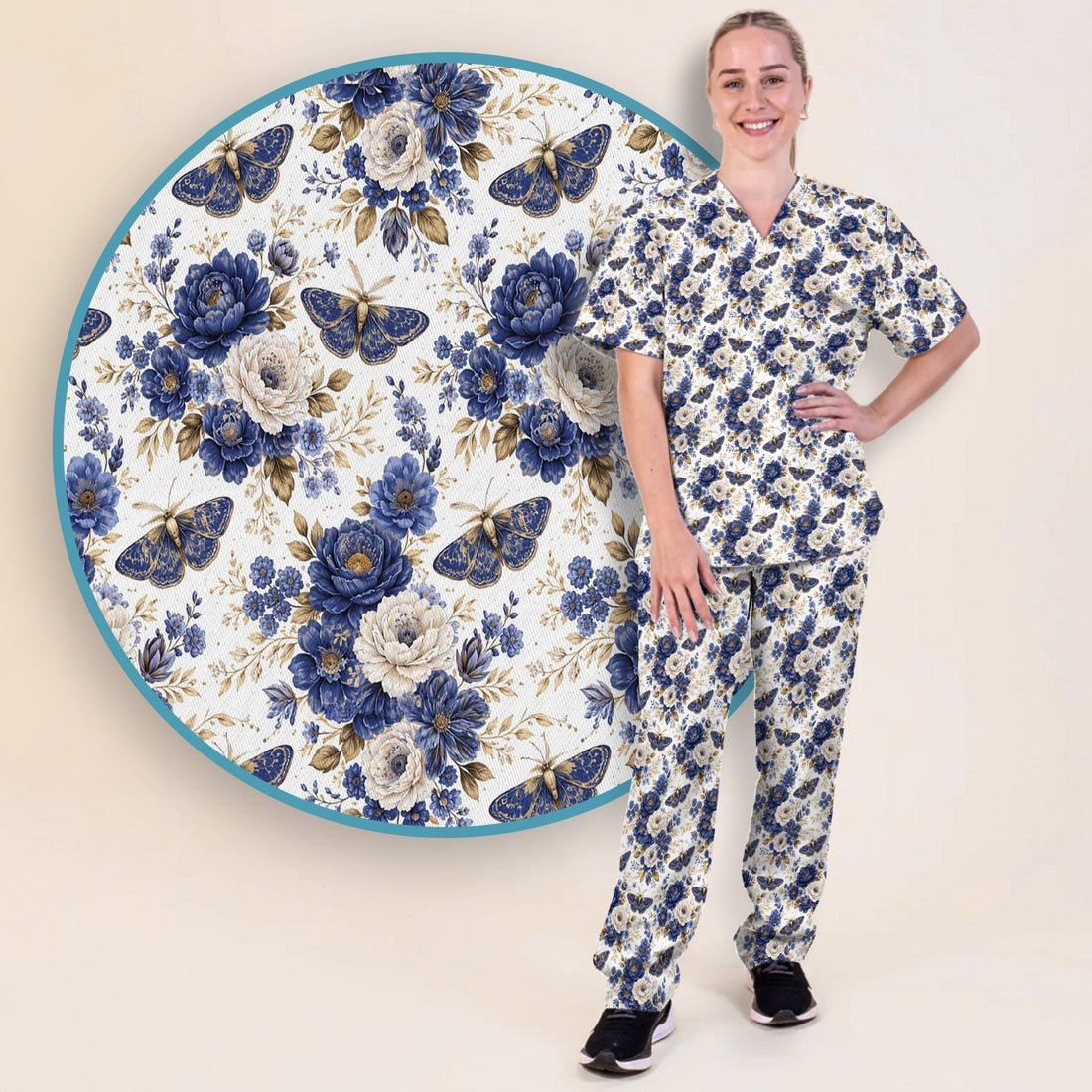 Cute Blue Floral Moth Pattern Scrub Set, Scrub Pants and V Neck Top