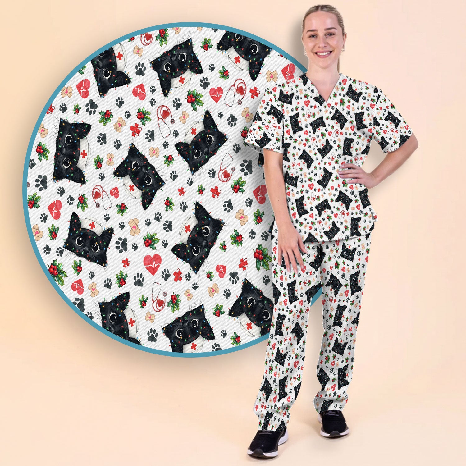 Black Cats Comfortable Scrubs for Nurses - Cute Kittens Christmas Scrubs Pants and V Neck Top - Breathable Med Uniform Gift for Women