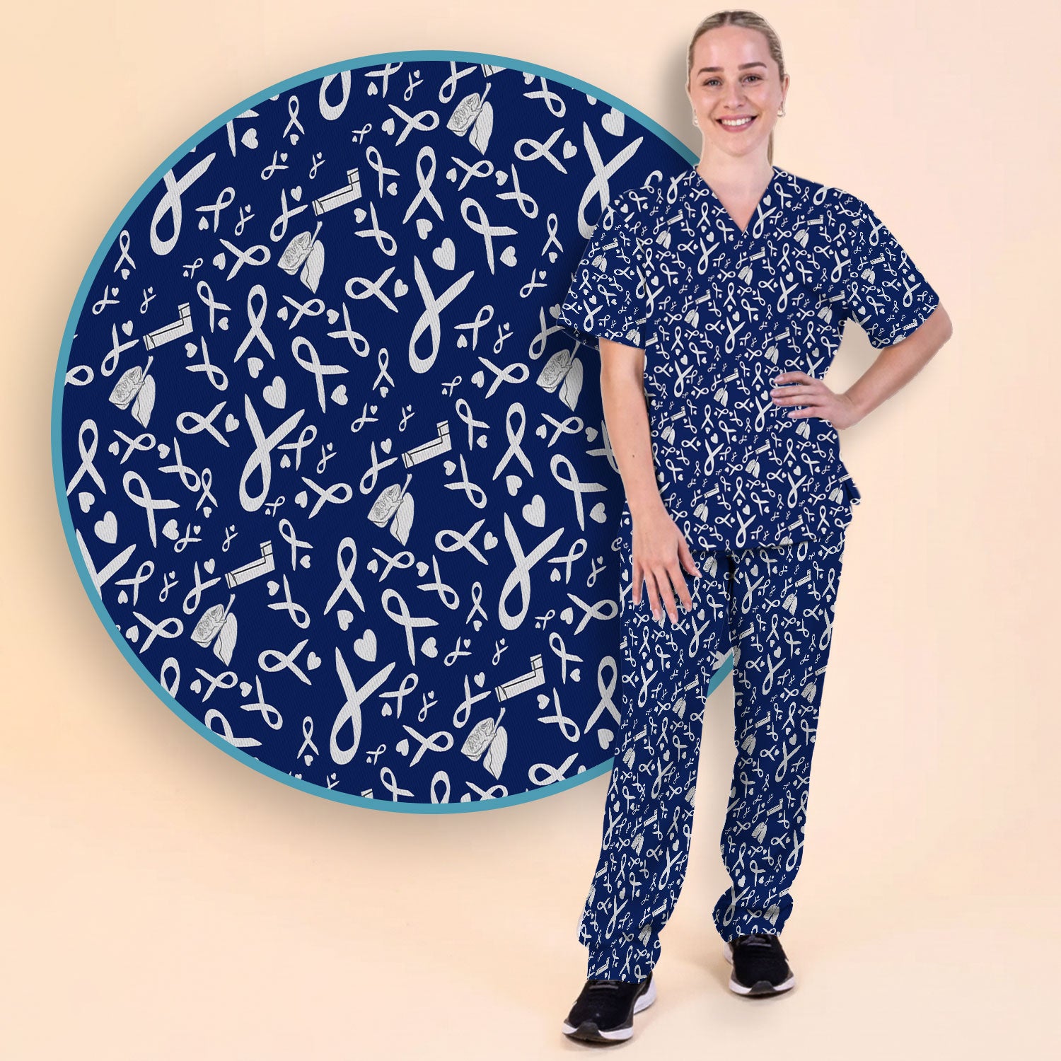 Lung Cancer Awareness Scrub Set for Women - Gray Ribbon Inhaler and Lungs Scrubs Pants and V Neck Top - COPD Asthma Med Uniform