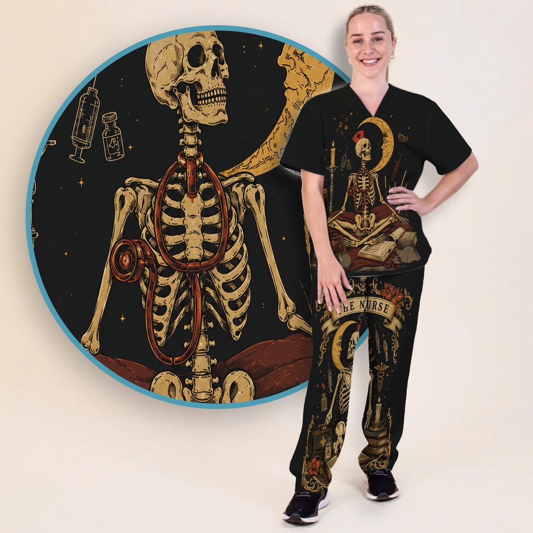 Breast Cancer Skeleton Nurse Scrub Set, Scrub Pants and V Neck Top