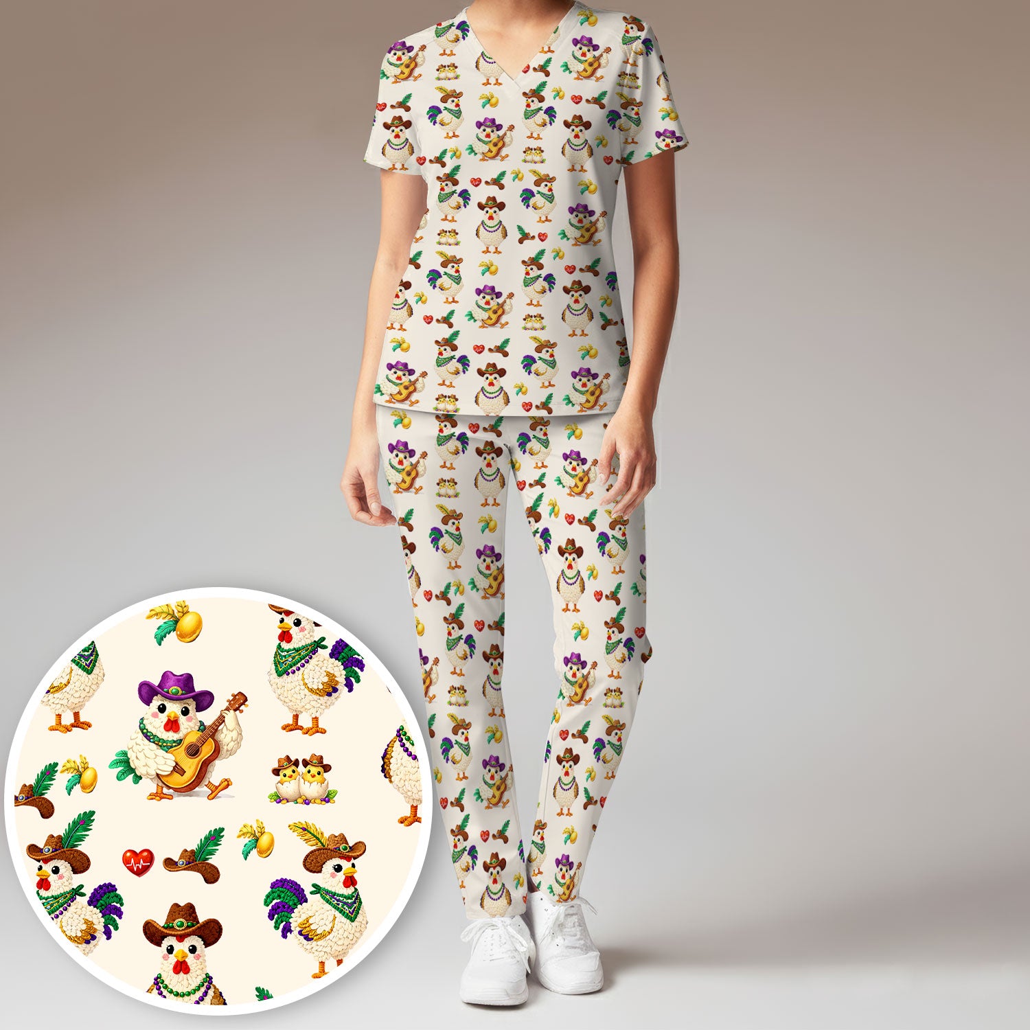 Funny Mardi Gras Rooster Cowboy Print Set, Women's Scrub Sets