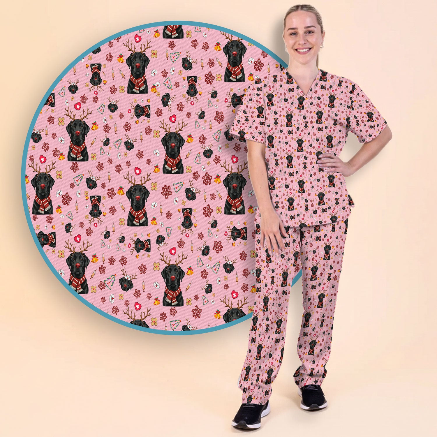 Black Lab Christmas Scrub Set - Funny Labrador Nursing Pants and V Neck Top - Cute Holiday Medical Uniform