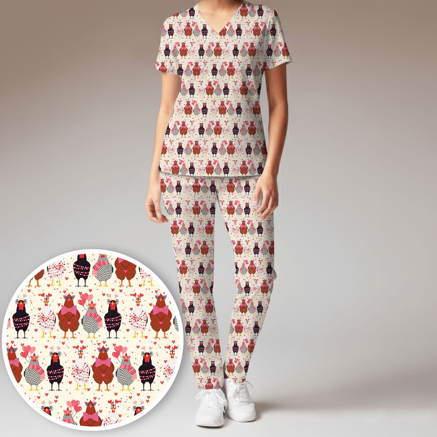 Funny Chicken Valentine Scrub Set, Chicken Pattern Scrub Shirt For Nursing, Valentine Gift For Nurse