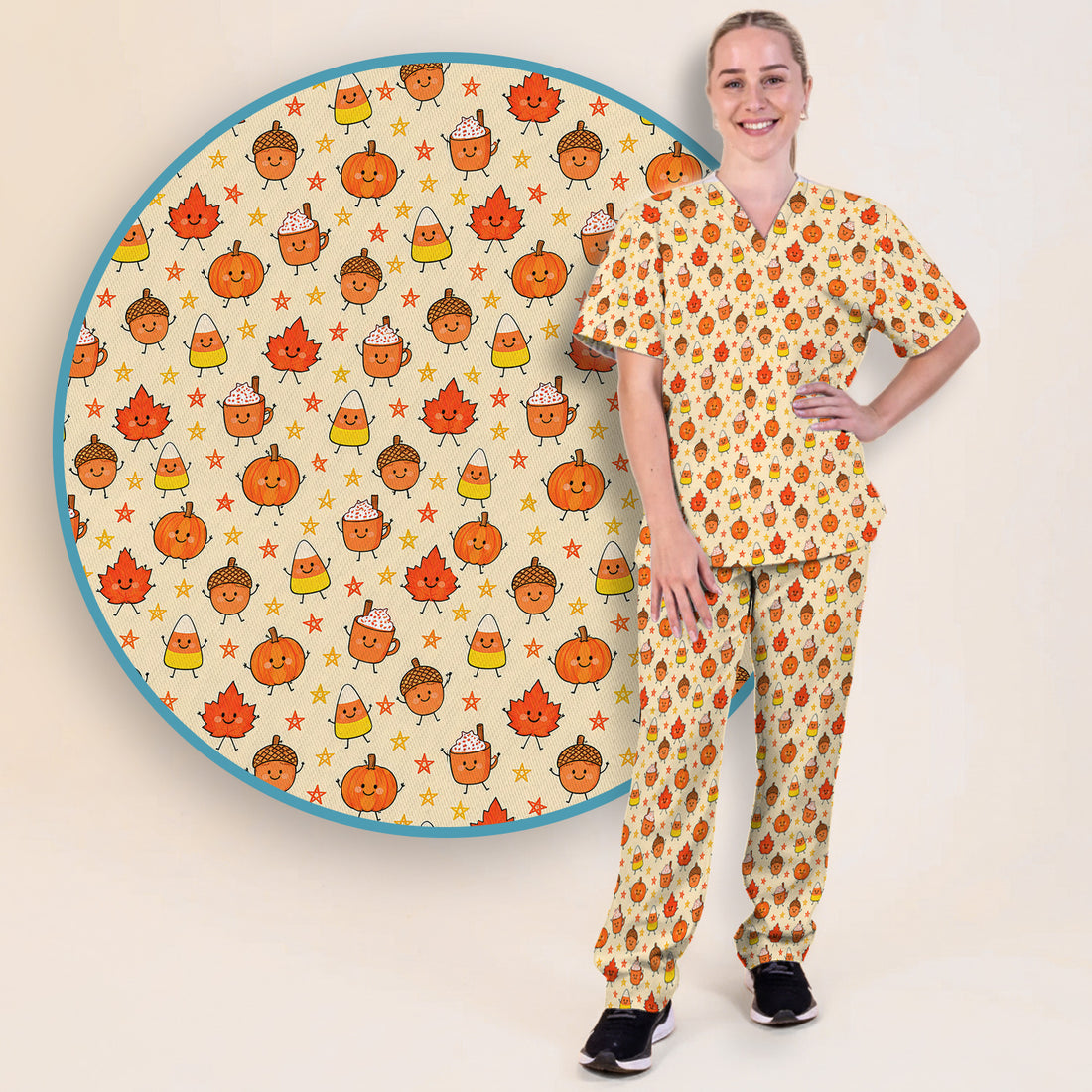 Buntes Kasack-Set mit Neon-Katzenköpfen, Schlupfhose und V-Ausschnitt-Oberteil