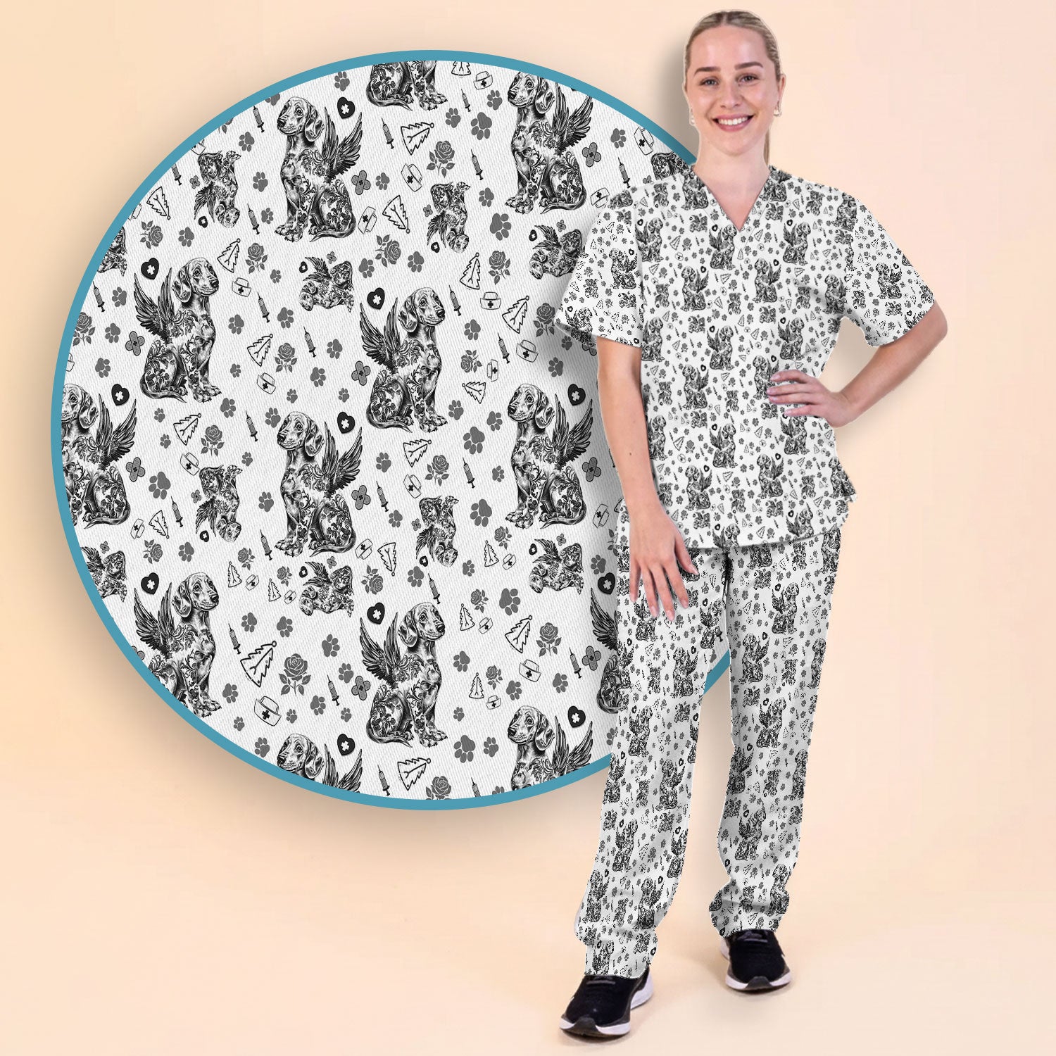 Toile de Jouy Dachshund Angel Scrub Set - Blue Vintage Wiener Dog Scrubs Pants and V Neck Top - Memorial Puppy Gift