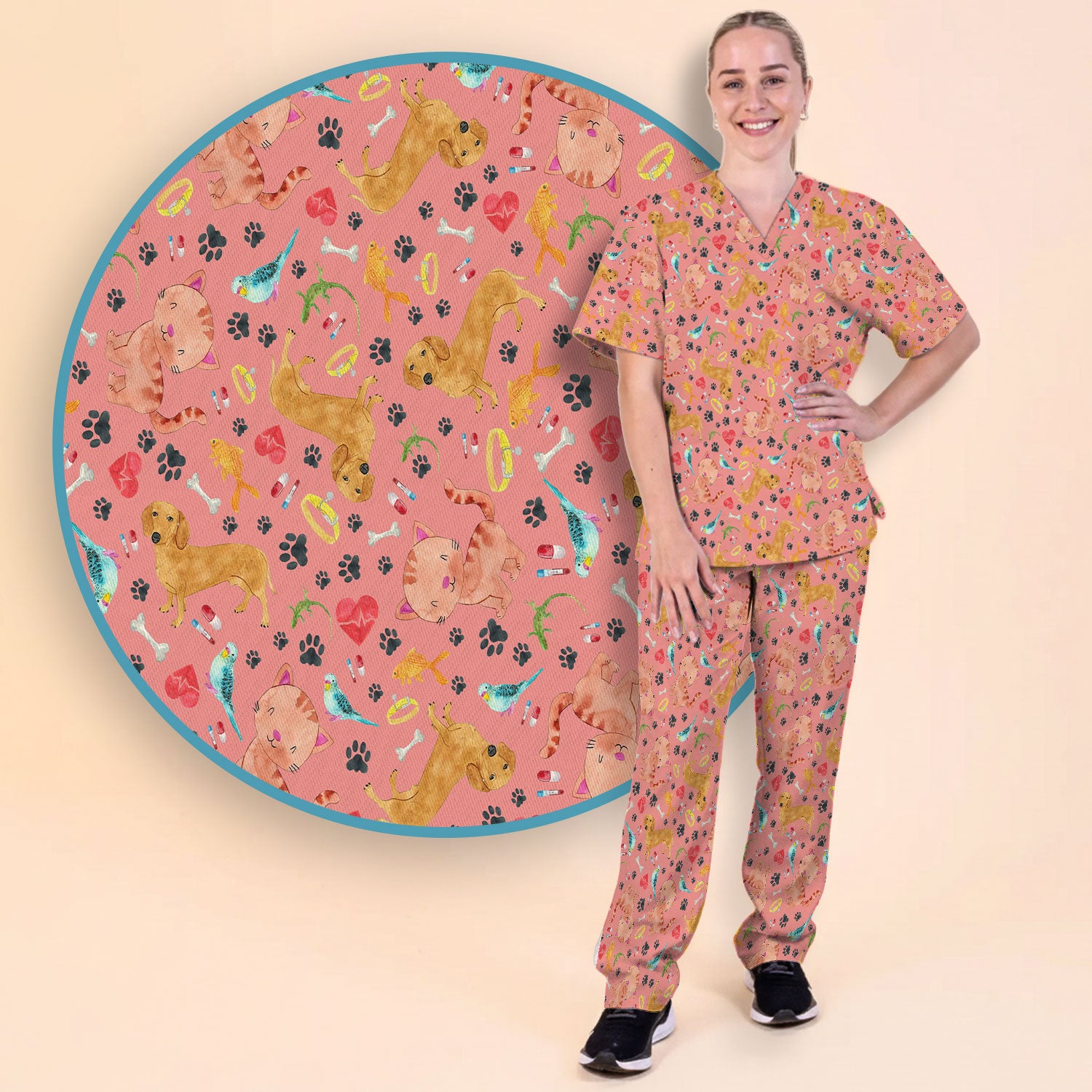 Cat Dog Veterinary Scrub Set - Cute Animal Paw Print Medical Pants and V Neck Top for Women RN CNA Vet Tech